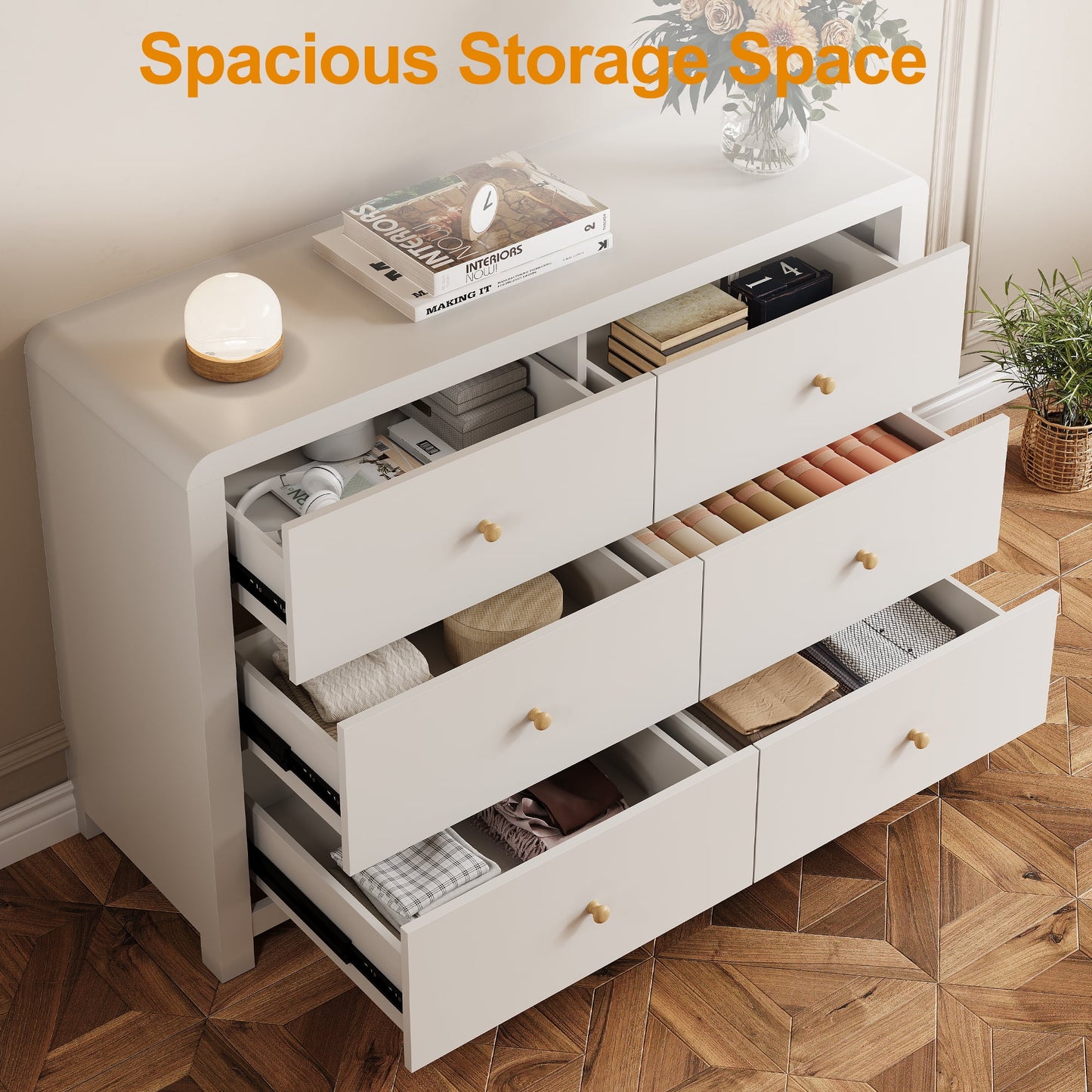 May in Color Modern 6-Drawer Chest of Drawers, with Rounded Corners, White, 47 in