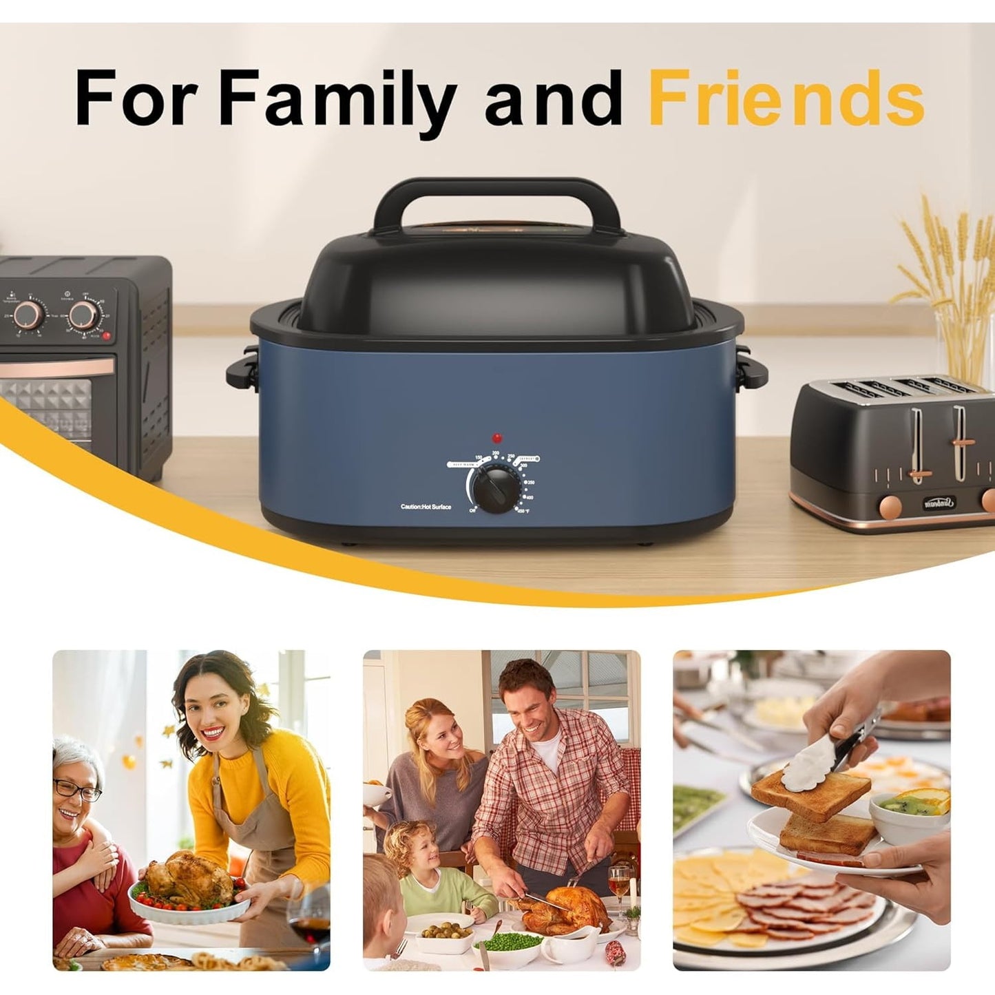 Superjoe 22 QT Electric Roaster Oven, with Self-Basting Lid, Stainless Steel Roaster Pan, Blue