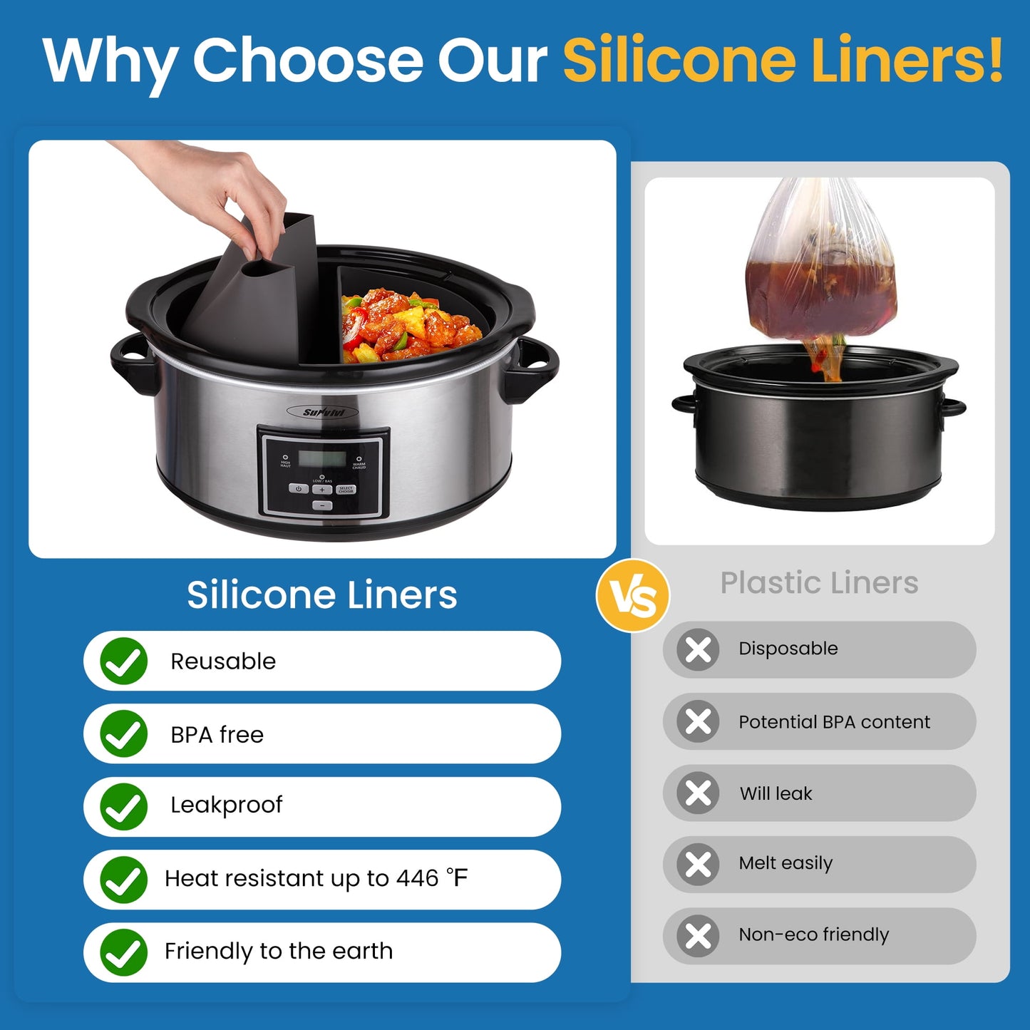 Sunvivi 2-in-1 Silicone Slow Cooker Liners, Reusable Divider Insert for 6QT Crock Pot, Bpa Free, Dishwasher Safe, Grey
