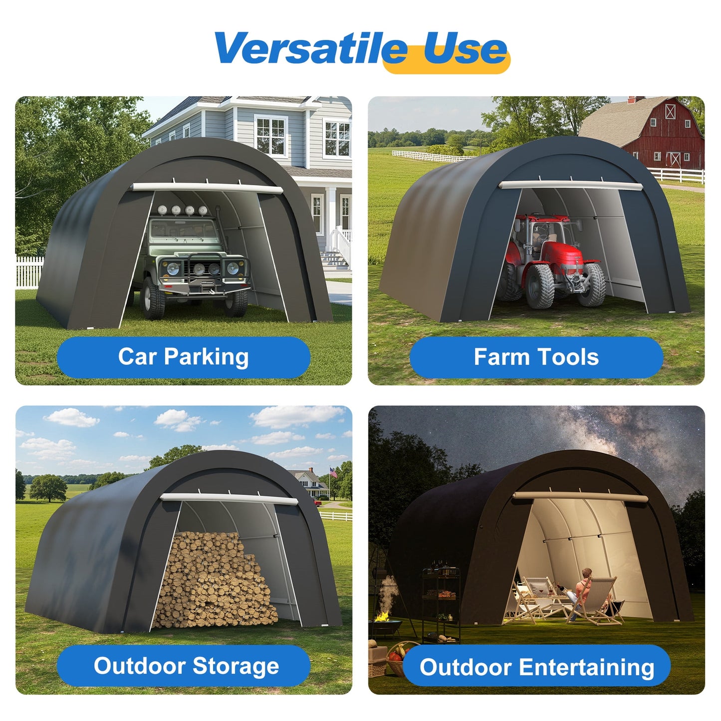 Heynemo 13' x 20' Outdoor Metal Carport with 4 Bags, Portable Garage with 2 Roll-up Doors, Storage Shelter Shed for Cars, Truck, or Garden Tools