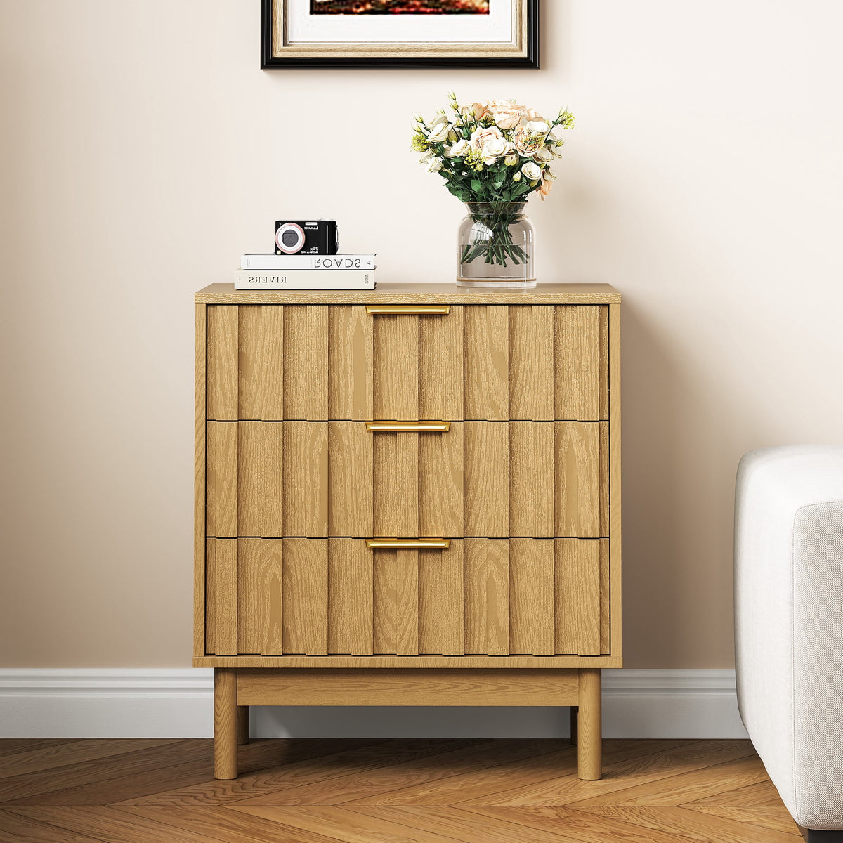 Cozy Home Fluted 3 Drawer Dresser Set of 2, Wood Closet Organizer for Bedroom, Living Room, Entryway, Natural Wood Tone