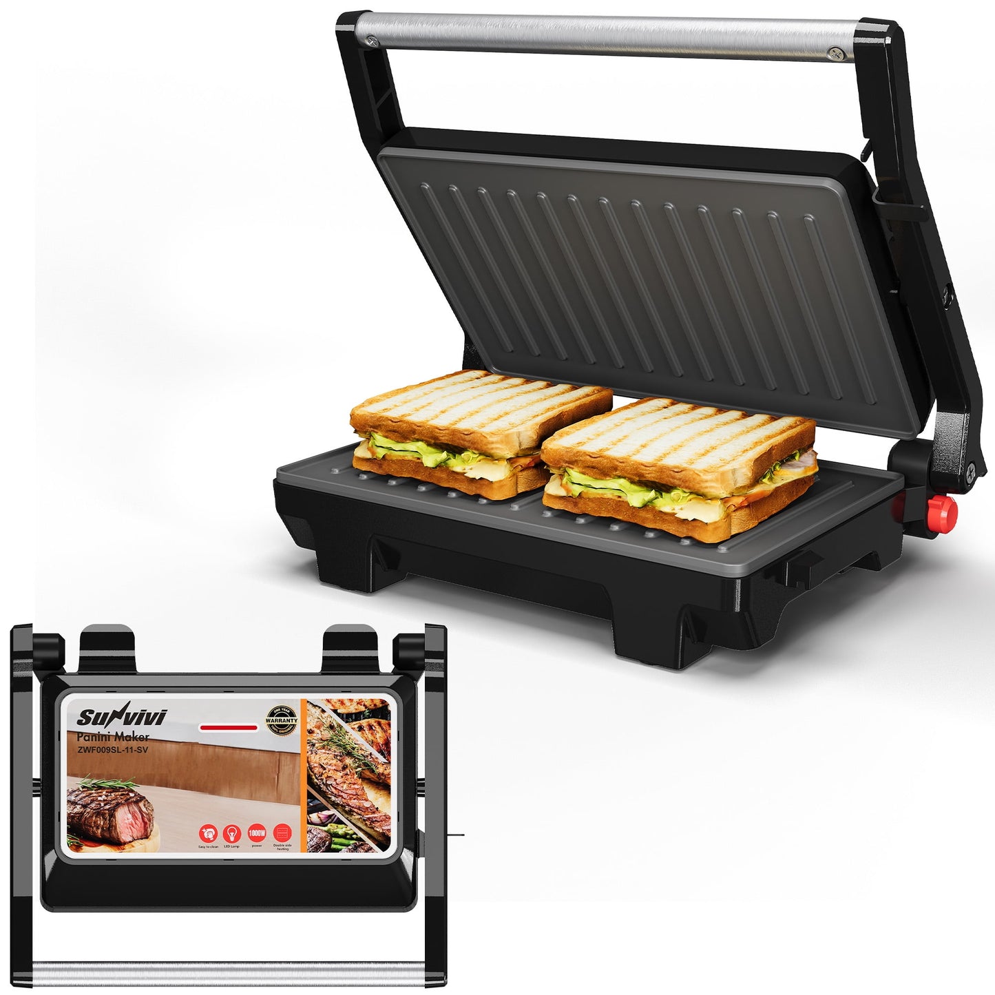 Heynemo 3-in-1 Portable Panini Press Sandwich Maker with Nonstick Interior, 1000W