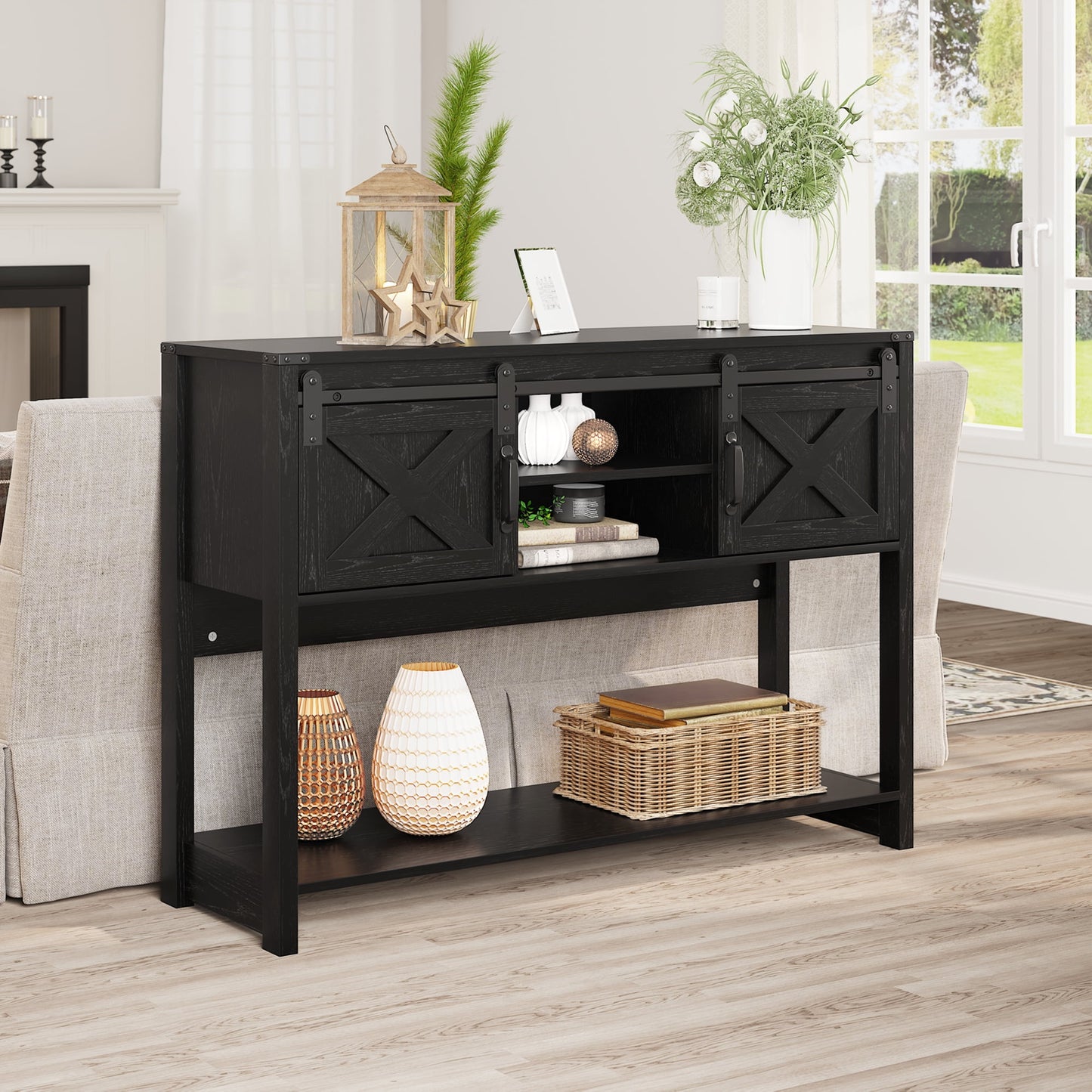 RoyalCraft Farmhouse Fireplace TV Stand for 65+ Inch TV, Entertainment Center with 23" Electric Fireplace with Remote, Modern Rustic TV Console with Sliding Bar Door for Living Room, Black