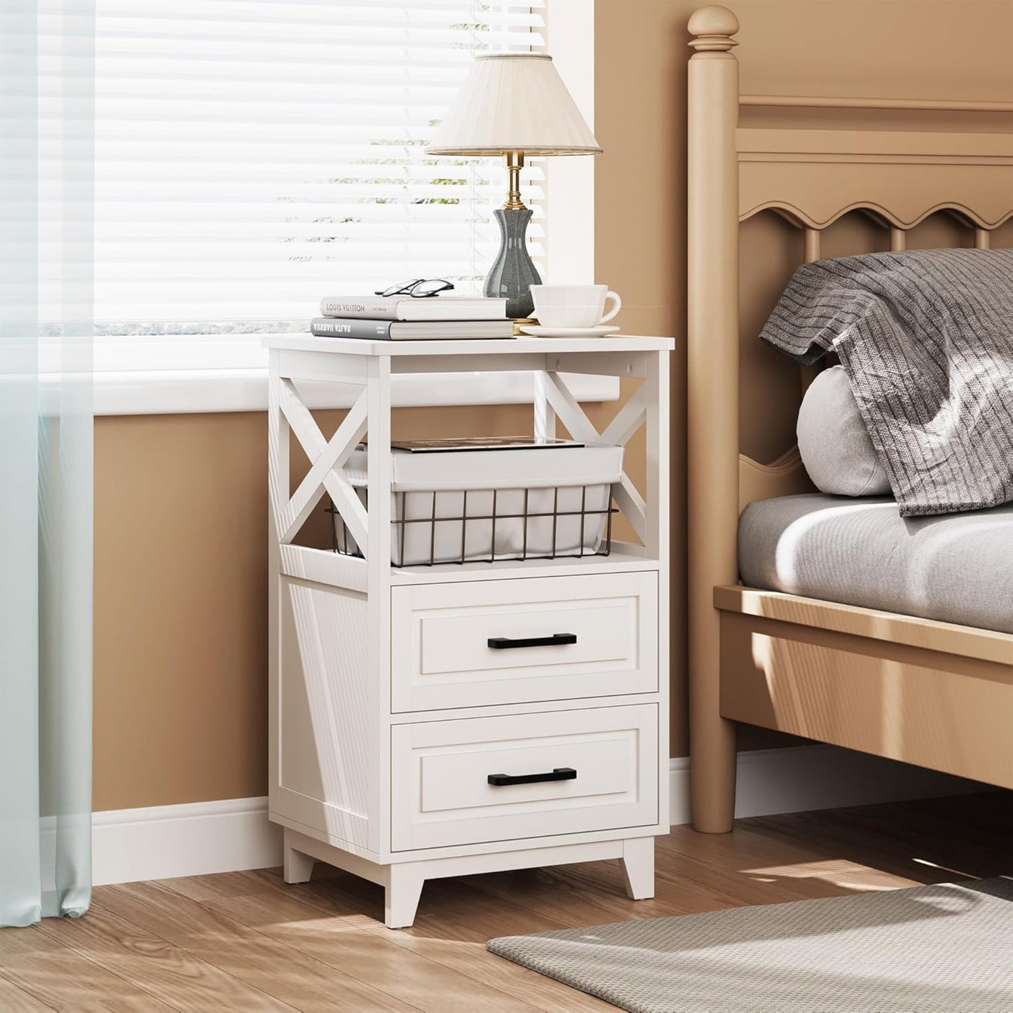 Superjoe Tall Nightstand Set of 2, Side Table with 2 Drawers and Open Shelf Top, Bedside Table with Solid Feet, Modern Night Stand End Table for Bedroom, Living Room, Home Office, White