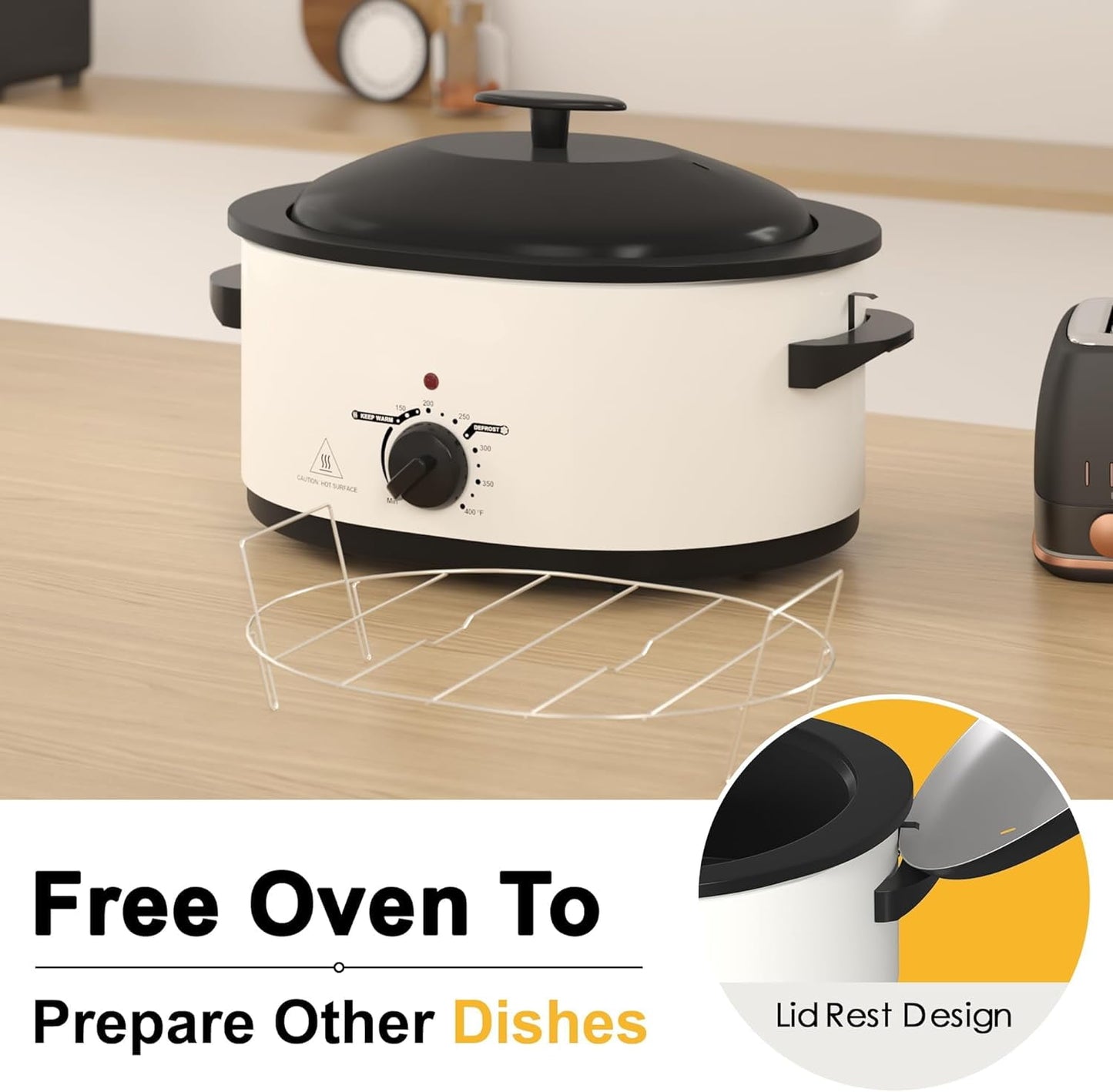 Superjoe 8QT Electric Roaster Oven, Self-Basting Lid, Defrost Warm Function, Removable Pan and Rack, Stainless Steel, White