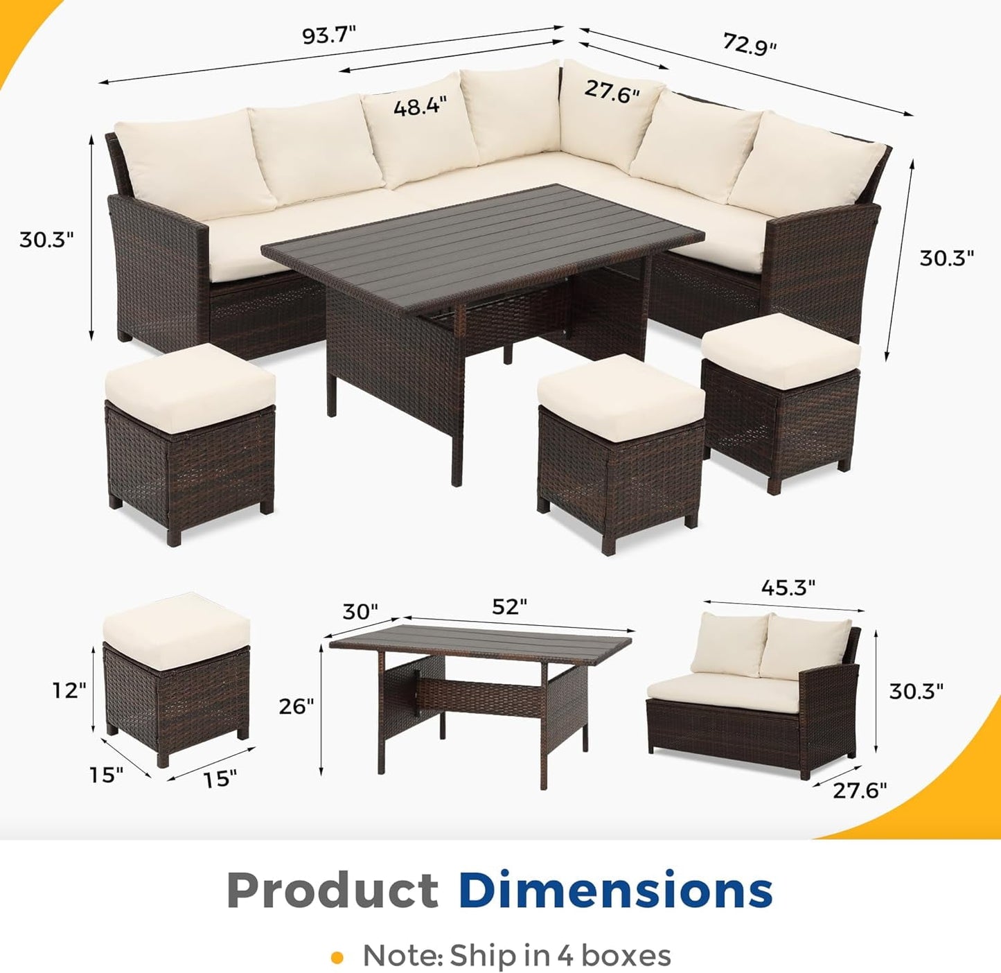 Superjoe High Curved Back 7-Piece Wicker Dining Sectional Sofa with Dining Table and Chair, Ivory