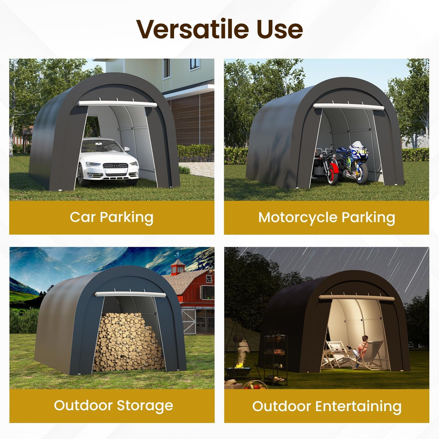 RoyalCraft Domed Carport, Portable Garage with 2 Roll up Doors, Heavy Duty Car Canopy Party Tent, All-Season Storage Shelter Shed Carport for Motorcycle, Boat, Truck, or Garden Tools, 10' x 20'