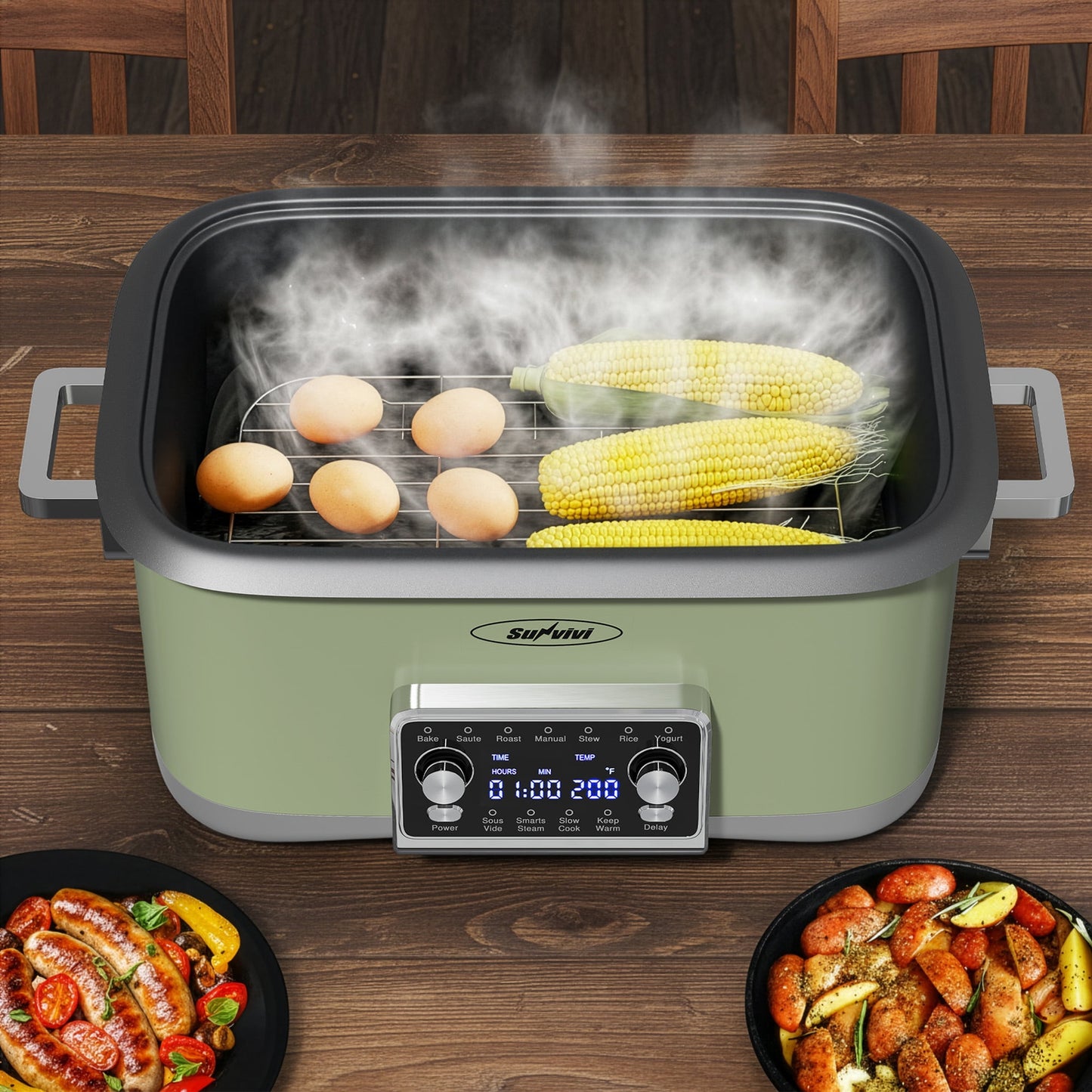Sunvivi 8-Quart 12-in-1 Programmable Slow Cooker Roaster Oven, Multi-Cooker with Digital Timer, Adjustable Temperature, Removable Non-Stick Pot & Dishwasher-Safe Glass Lid, Green