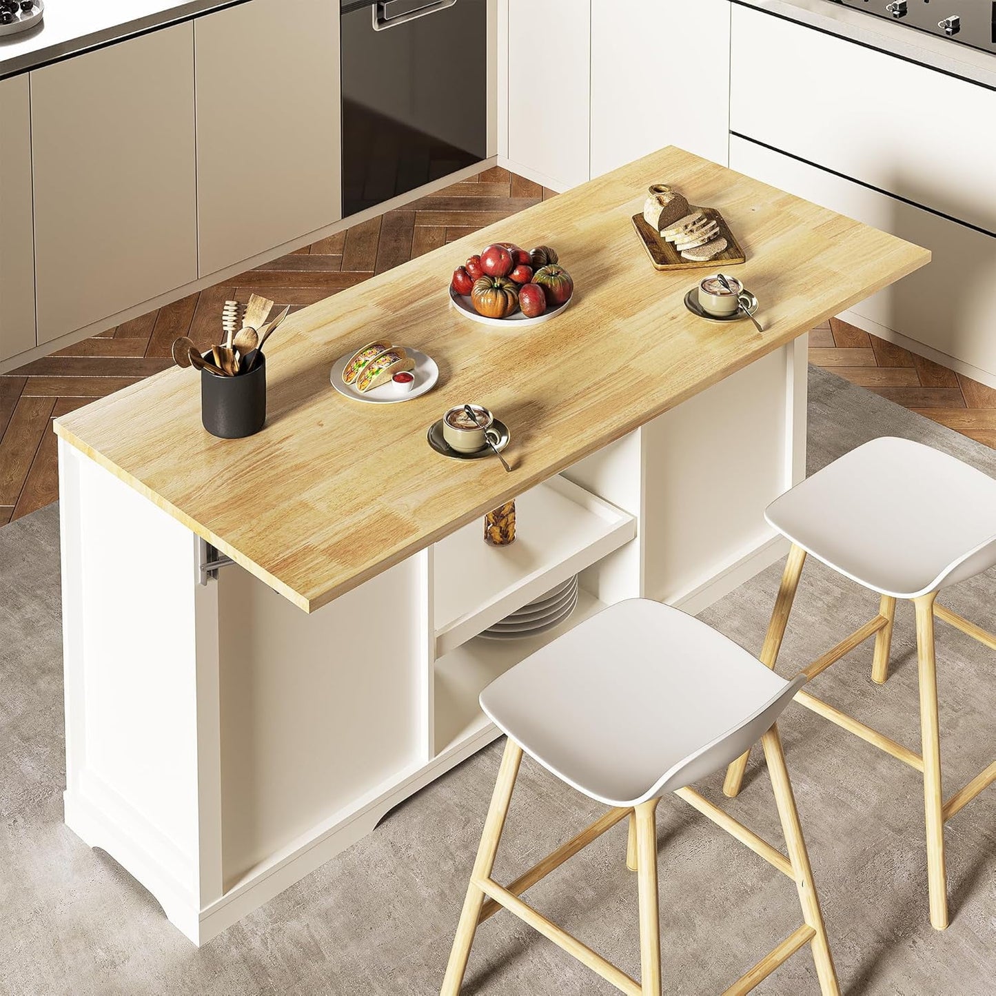 May in Color Modern 59" Kitchen Island with Storage and Drop-Leaf, Wood Island for Kitchen, White