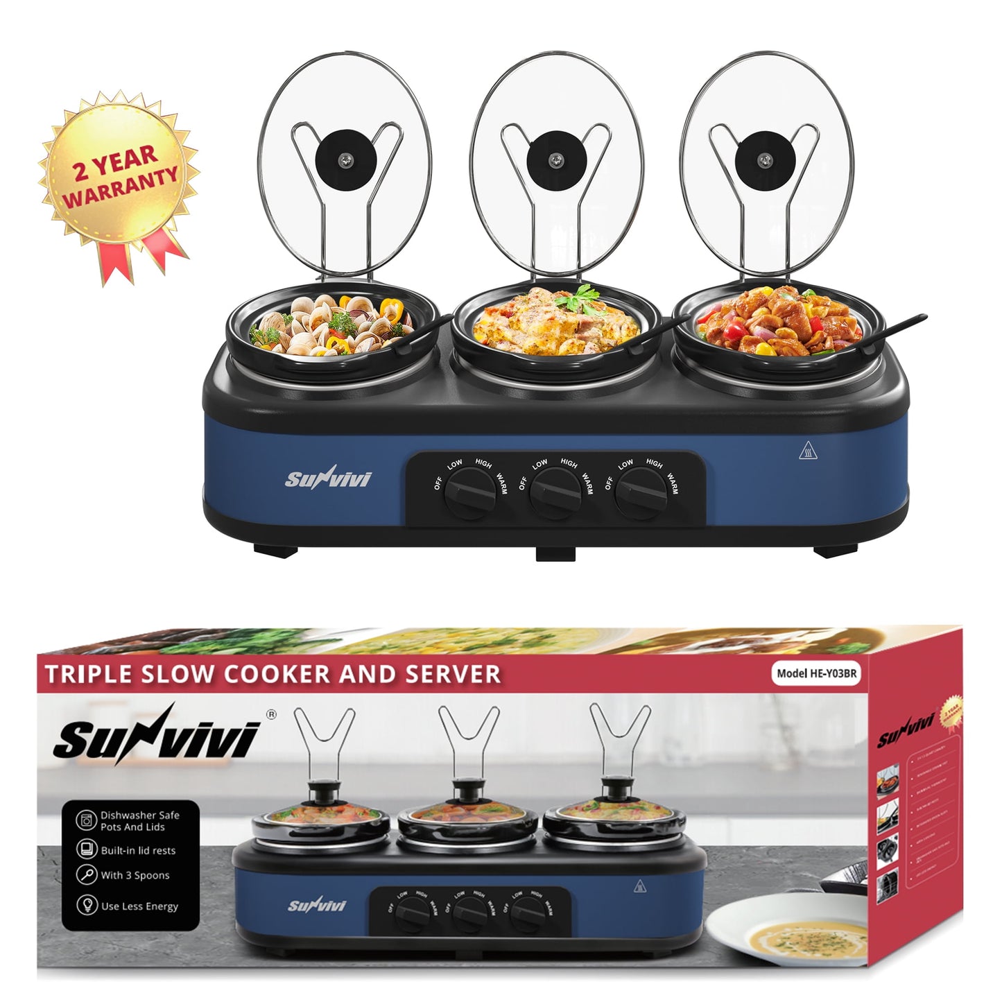 Sunvivi 3-in-1 Crock Pot Slow Cooker, 4.5QT Buffet Server and Food Warmer with 3 Removable Ceramic Pots, Crockpot with 3 Spoons and Lid Rests for Parties, Picnics, Blue