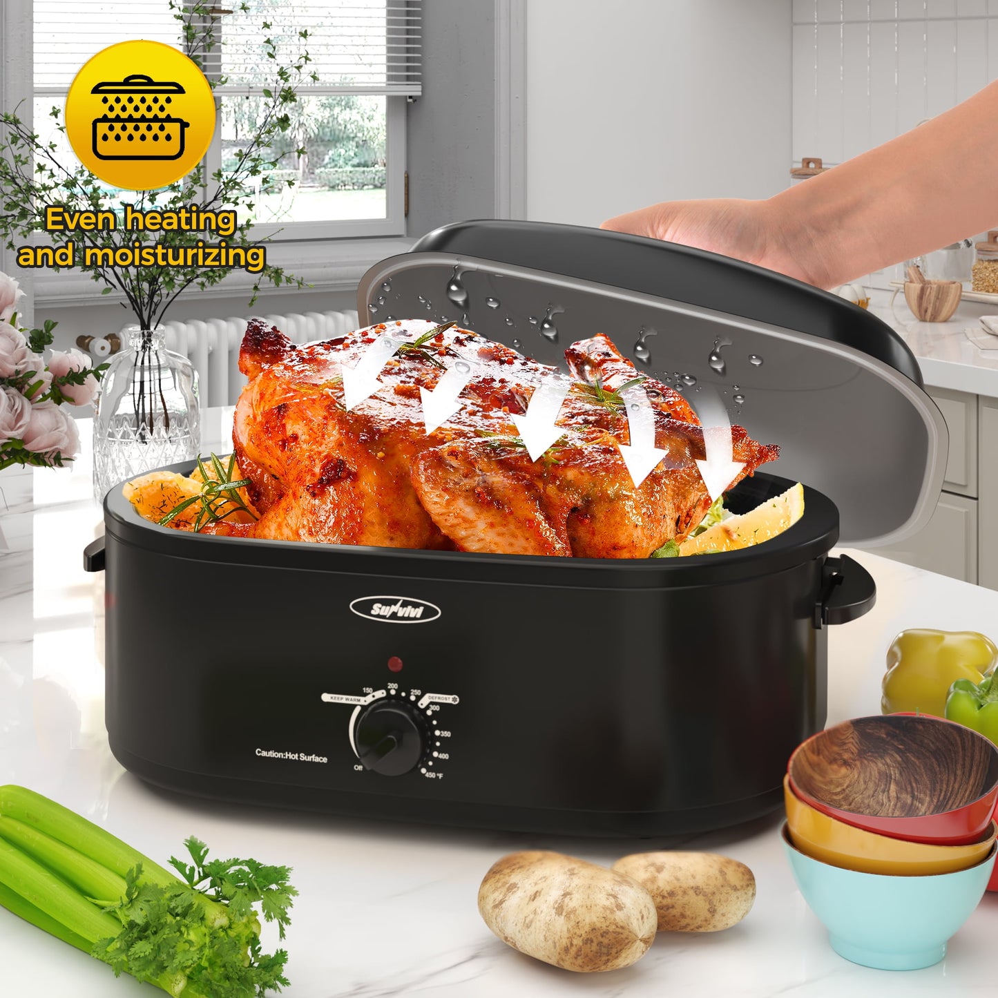 SUNVIVI 18 Quart Turkey Electric Roaster Oven with Self-Basting Lid, Stainless Steel, Black
