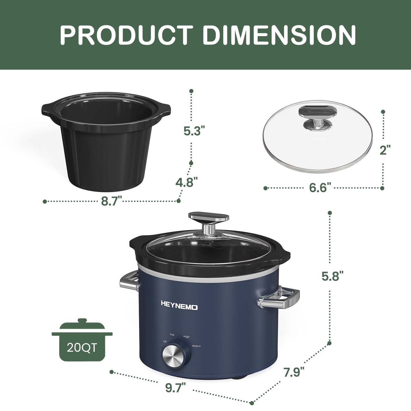 Sunvivi 2 Quart Slow Cooker With Removable Ceramic Pot and 3 Heating Settings, Stainless Steel, Blue