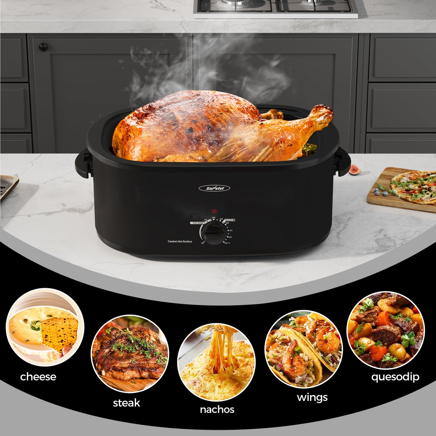 Sunvivi 26 Quart Electric Turkey Roaster Oven with Visible Glass Lid,Removable Pan & Rack, Stainless Steel, Black