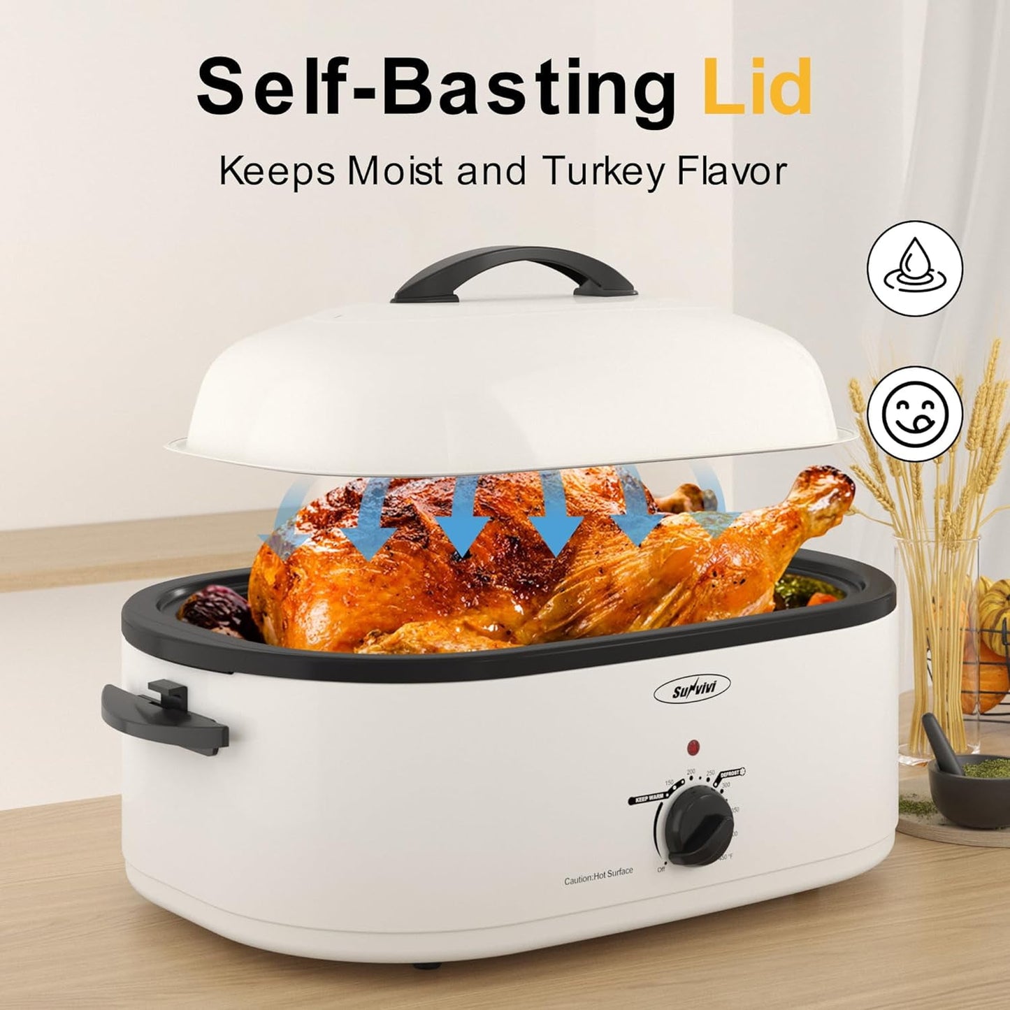 Superjoe 20 Quart Electric Roaster Oven with Self-Basting Lid, Turkey Roaster Oven Buffet with Removable Pan, Cool-Touch Handles, White
