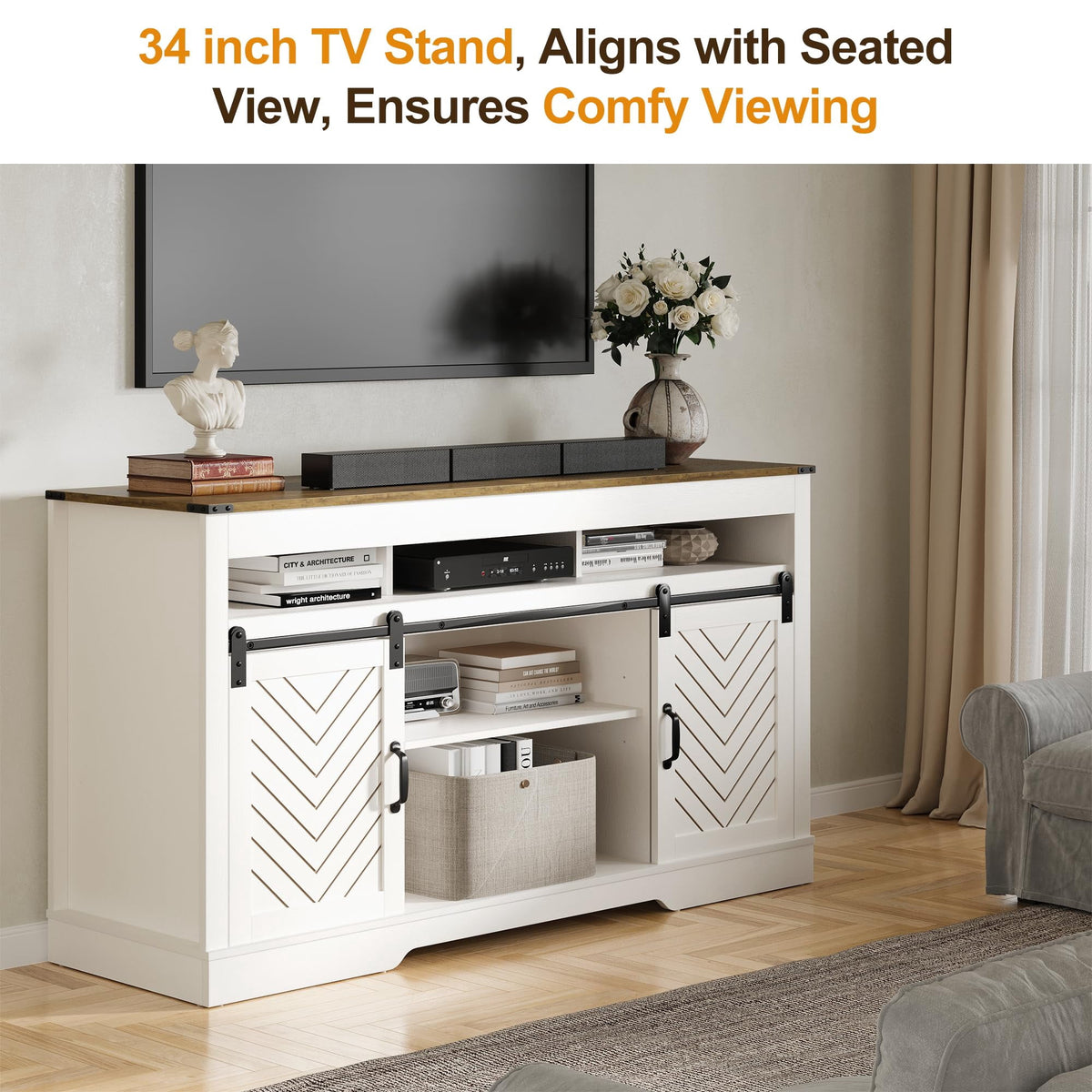 Heynemo TV Stand for 65+ Inch TV, Farmhouse 34'' Tall Entertainment Center for 23" Fireplace, Rustic TV Console with Sliding Bar Door for Living Room (White and Rustic Oak)