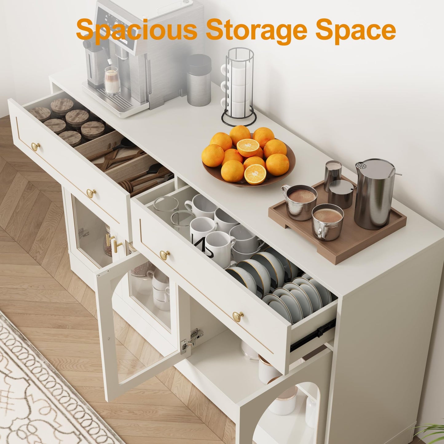 Heynemo Buffet Cabinet with Storage, 55.1" Large Sideboard Buffet Cabinet, Modern Kitchen Cabinet Display Cabinet with 2 Drawers and 4 Doors, Wood Coffee Bar Cabinet for Kitchen Dining Room, White