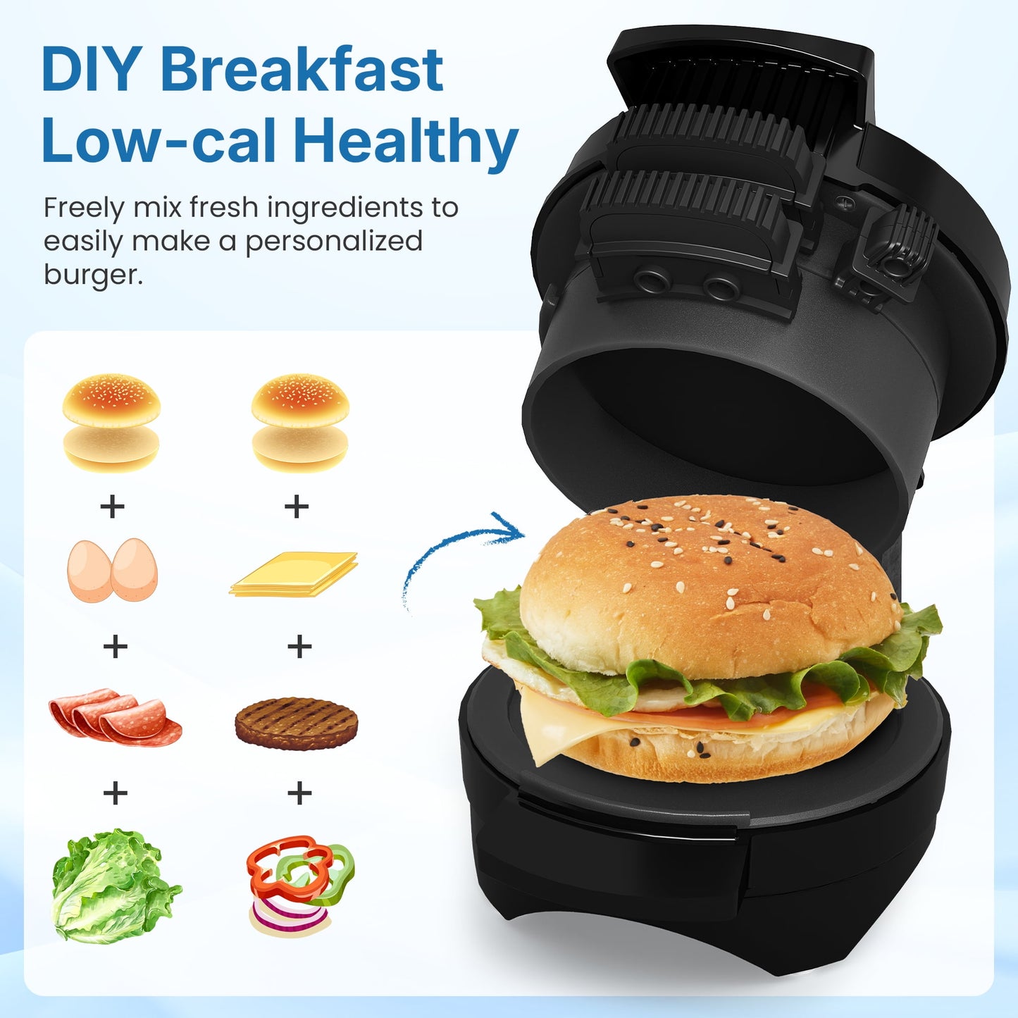 CozyHome Mini Burger Press Maker with Egg Cooker Ring, Black Breakfast Sandwich Maker with Non-Stick Plate, Electric Omelette Maker for Stuffed Burgers, Sliders, English Muffins, Waffle, Croissants