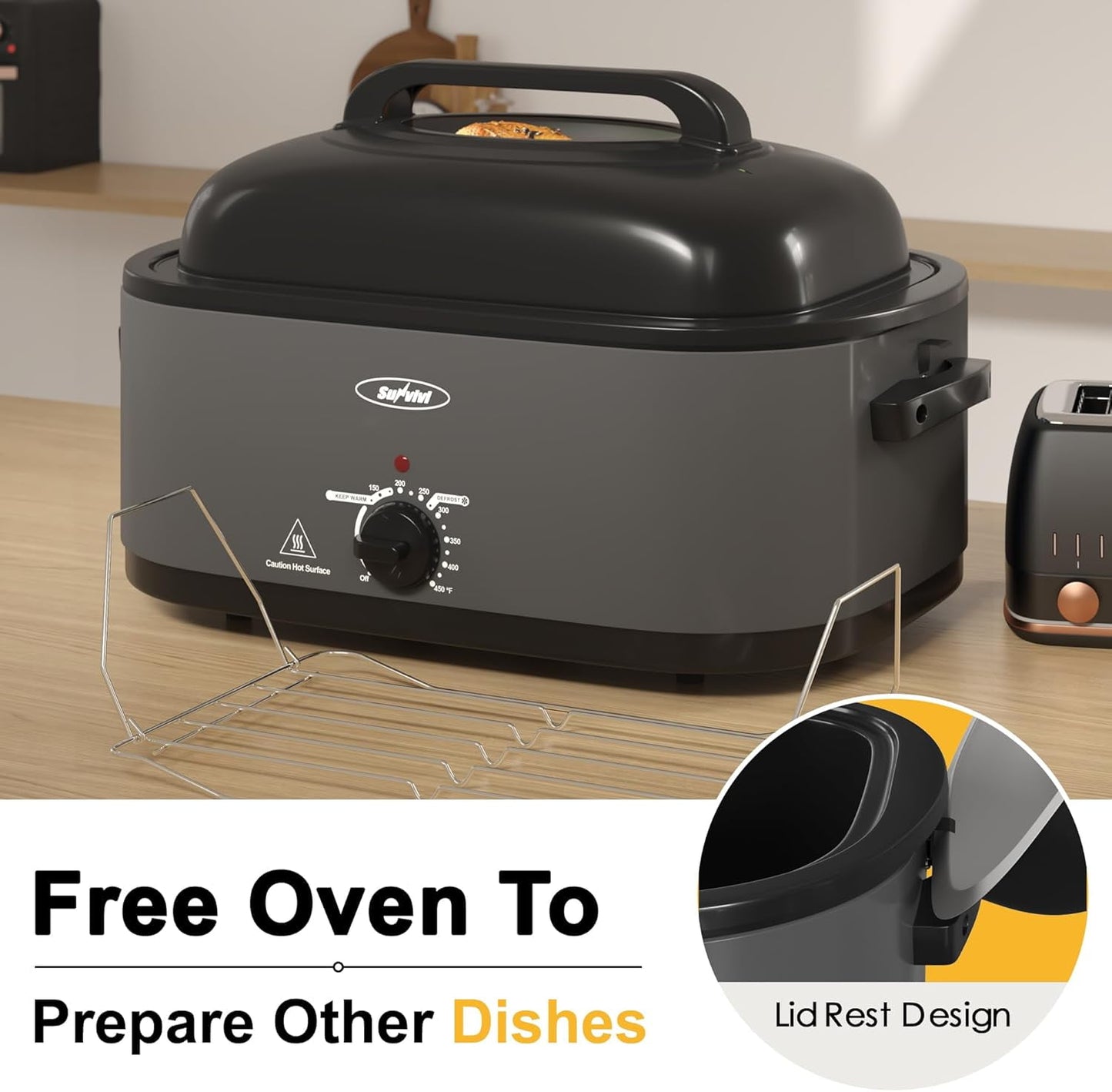 Superjoe 26 QT Electric Roaster Oven, Stainless Steel Self-Basting Lid Removable Pan, Grey