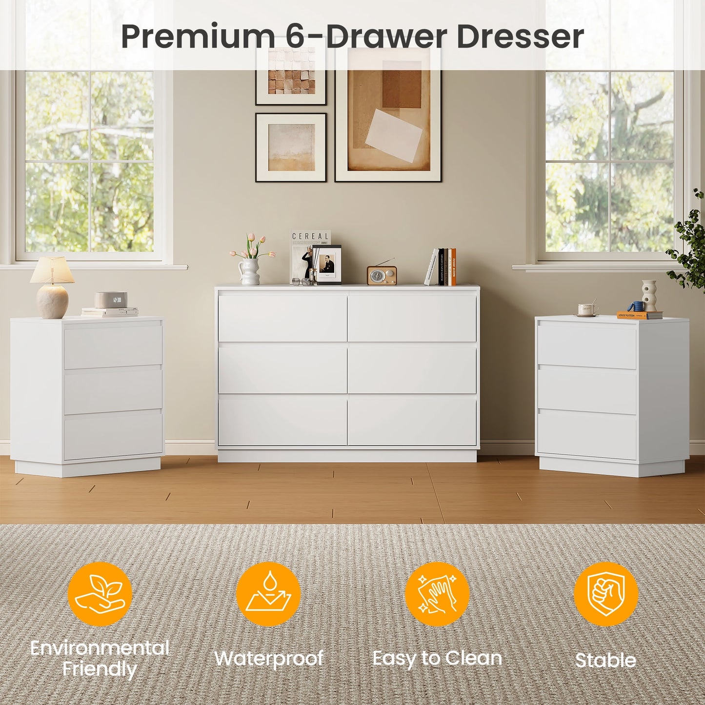 Heynemo Dresser with 6 Drawers for Bedroom, Chest of Drawer with Charging Station for Living Room, White
