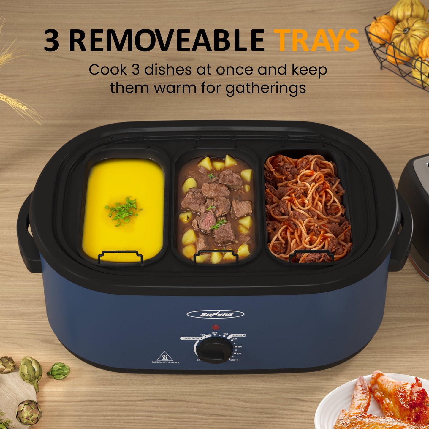 20 QT Electric Roaster Oven with 3 Compartments and Self-Basting Lid, Turkey Roaster Oven with 150-450¡ãF Temperature Control, Removable Pan & Rack, Blue