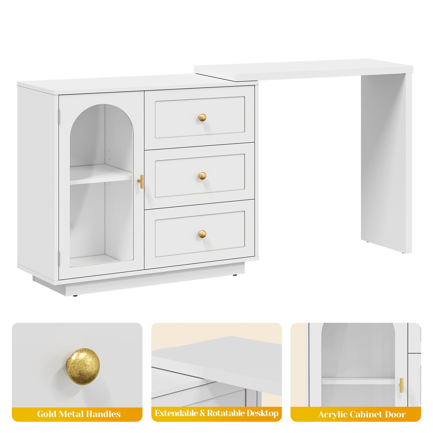 Heynemo Makeup Vanity Desk, Extendable Corner Vanity Makeup Table with 3 Drawers & 1 Door, Modern Dressing Table for Bedroom, Vanities for Women/Girls Bedroom (without Mirror)
