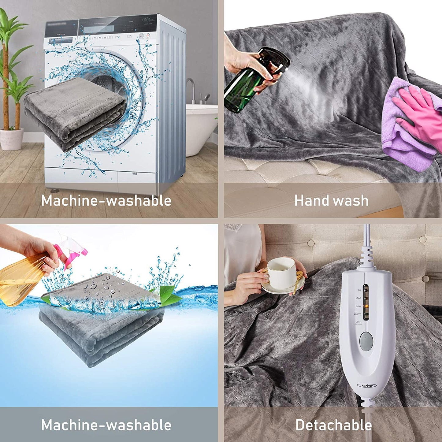 SUNVIVI 60" x 50" Heated Throw Blanket, Auto Shut-Off with 4 Heat Settings, Double-Layer Flannel, Gray