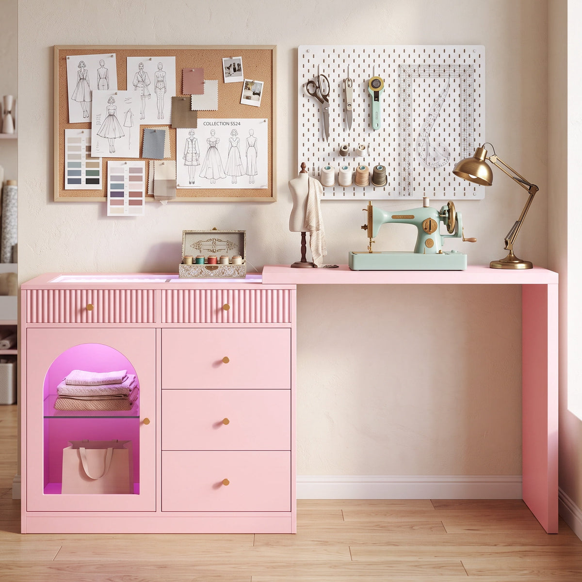 May in Color Pink Extendable Vanity with LED Lights, Rotatable L?Shaped Makeup Vanity Desk, 5 Drawers & Arched Glass Cabinet, Multi?Purpose Desk for Working, Studying, Drawing, Sewing, Nail Care