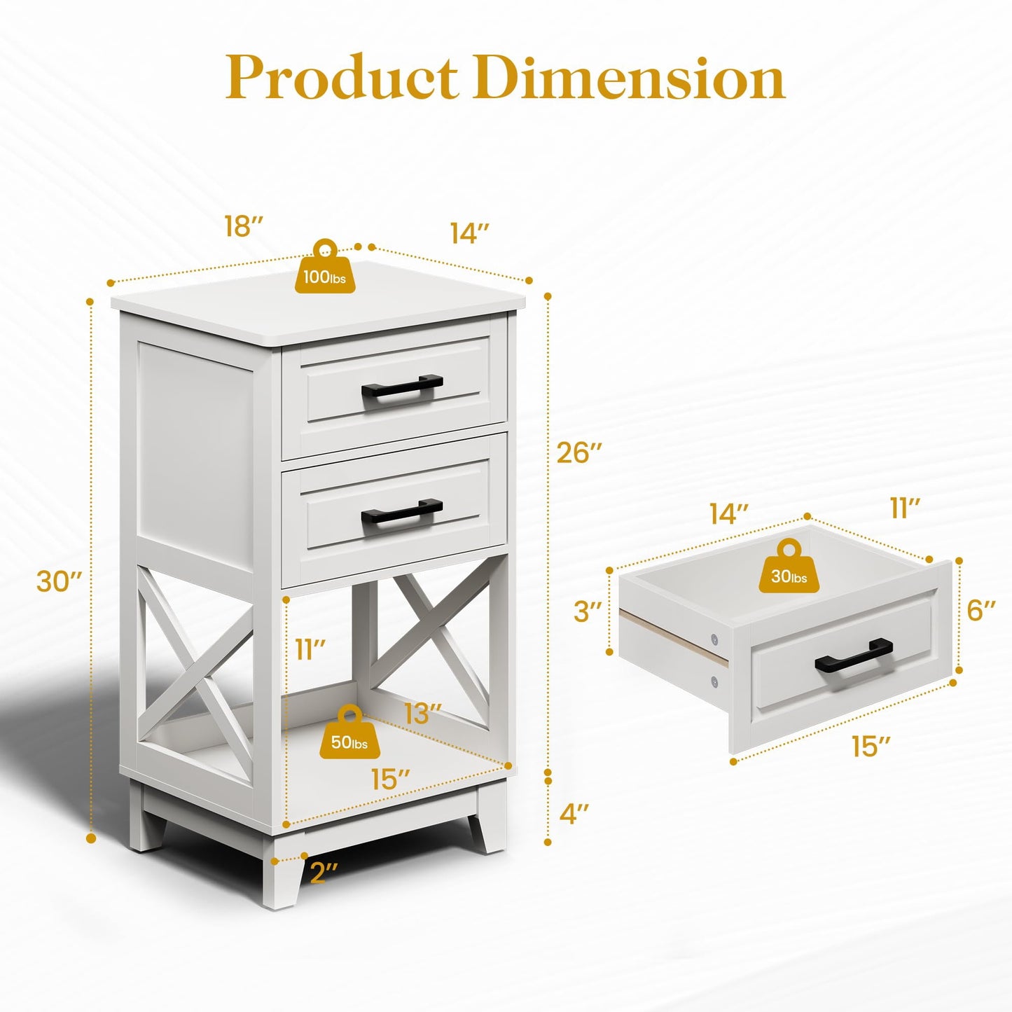 May in Color Tall Nightstand, Side Table with 2 Drawers and Open Shelf Below, for Bedroom, Living Room, Home Office, White