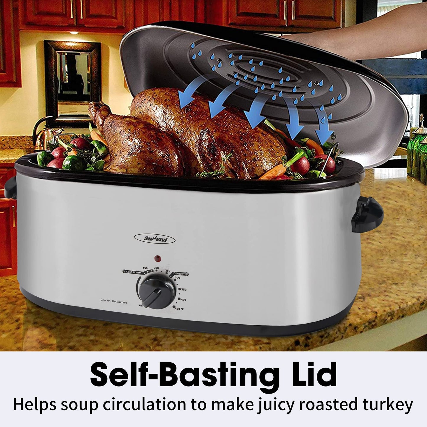 Sunvivi 18 Quart Electric Roaster with Self-Basting Lid, Removable Pan, and Cool-Touch Handles, Silver
