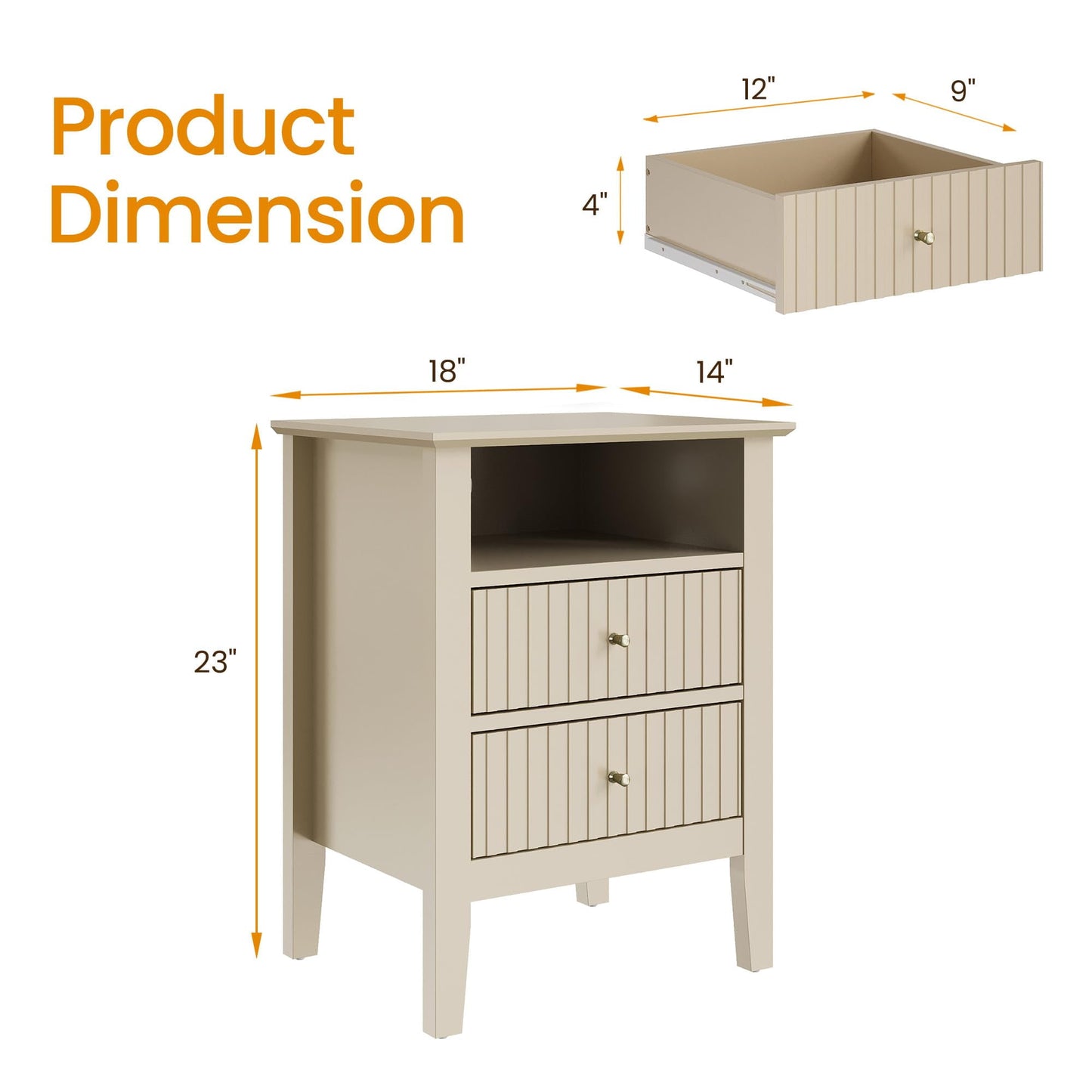 May in Color Modern Fluted Nightstand with 2 Drawers and Storage Shelf- Beige