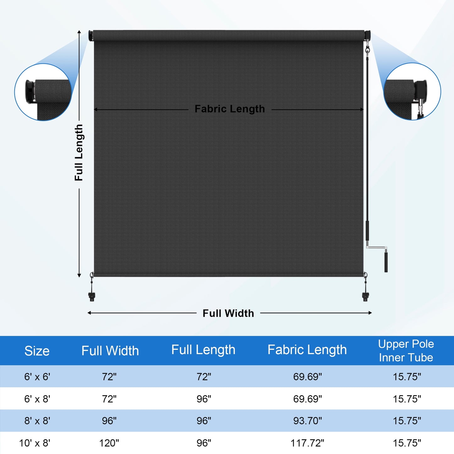 Heynemo 6'x 6' Outdoor Roller Shade, Cordless Patio Shade with Crank Handle, 95% UV Protection Outdoor Blind for Porch, Gazebo, Pergola, Black