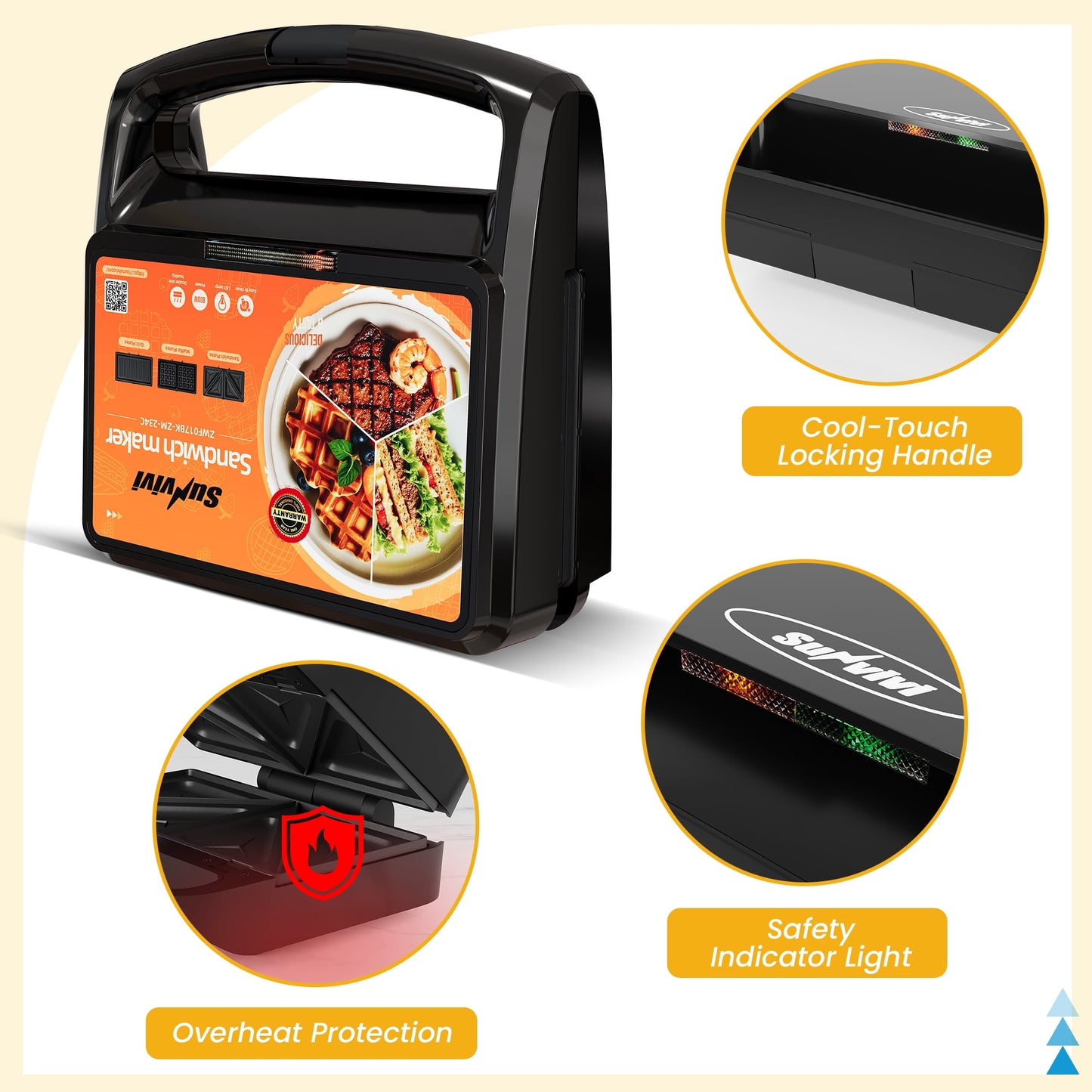 Sunvivi 3-in-1 Electric Sandwich Maker & Waffle Grill, 800W Panini Press with Non-Stick Removable Plates & Tempered Glass Top, Cool Touch Handle, Black