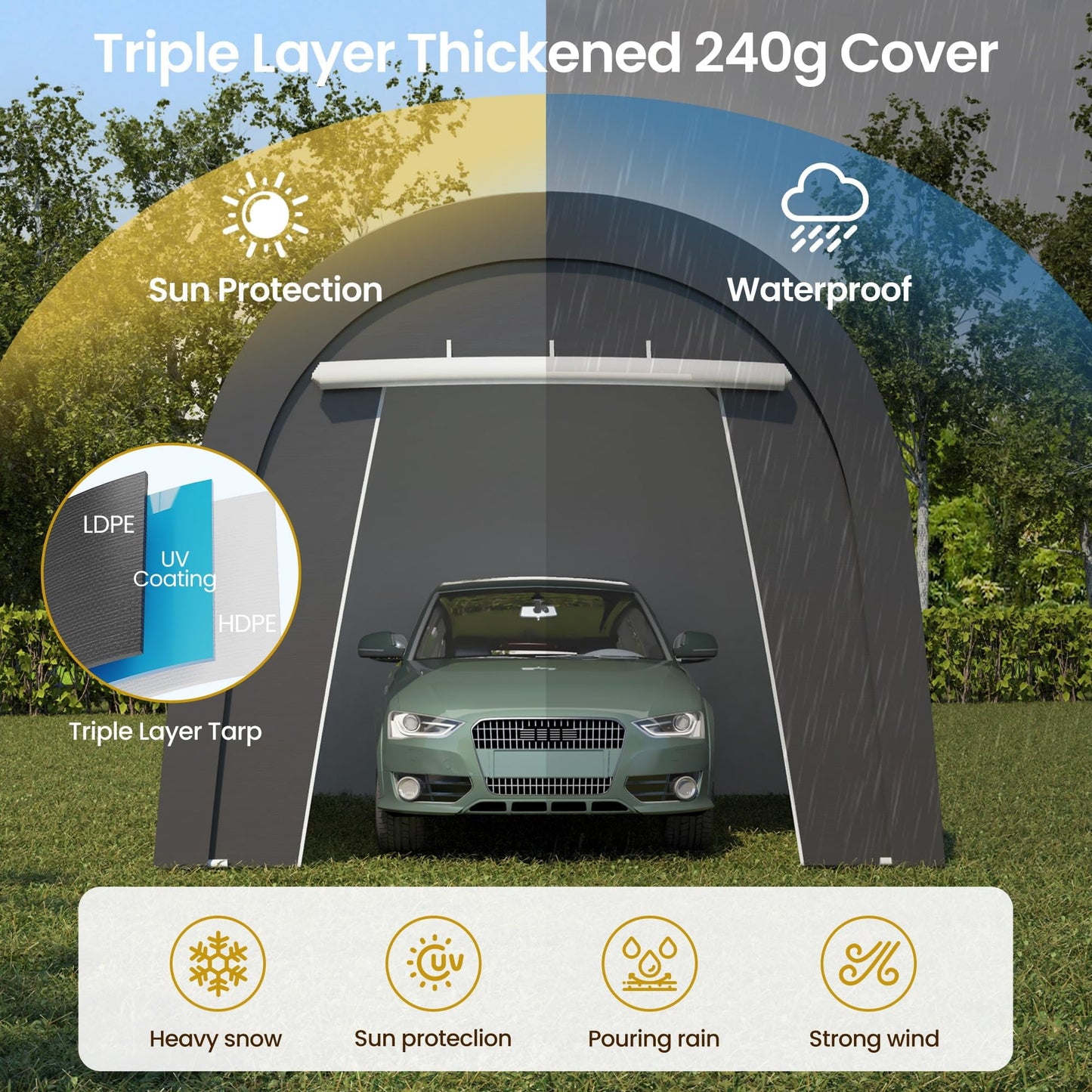 RoyalCraft Domed Carport, Portable Garage with 2 Roll up Doors, Heavy Duty Car Canopy Party Tent, All-Season Storage Shelter Shed Carport for Motorcycle, Boat, Truck, or Garden Tools, 10' x 20'