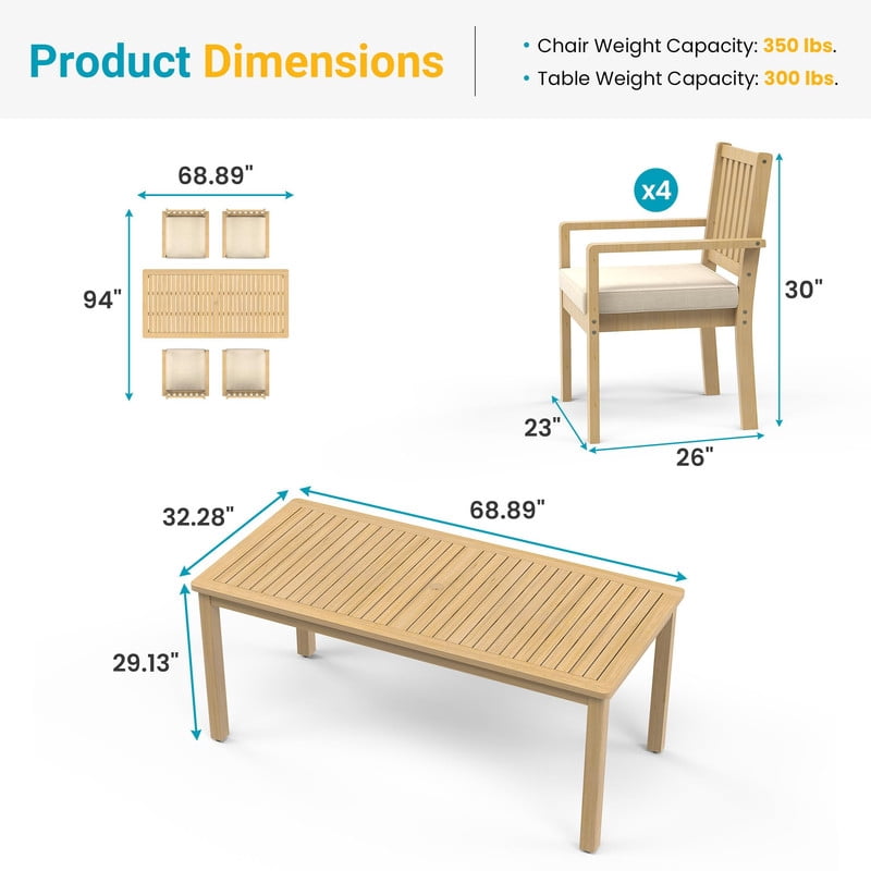 5-Piece Acacia Patio Table and Chairs Set for All-Weather, Outdoor Patio Dining Set with Umbrella Hole and Removable Cushion for 4, Durable Patio Table and Chairs Set for Backyard, Garden, Heynemo