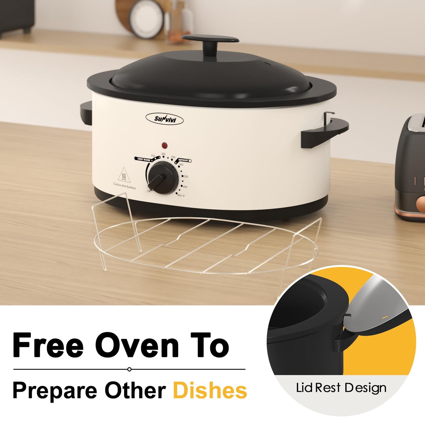 Sunvivi Roaster Oven with Self-Basting Lid, Electric 8-Quart Turkey Roaster Oven with Removable Pan and Rack, Stainless Steel, White