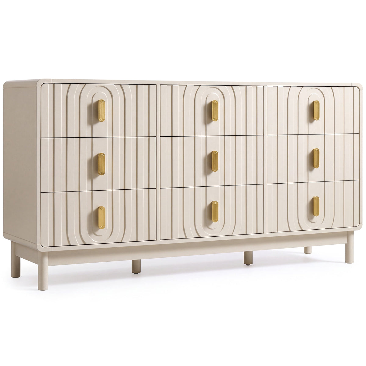 Heynemo Fluted Chest of 9 Drawers, Beige Modern 9 Drawer Dresser with Gold Metal Handles, Wide Storage Dresser Cabinet for Bedroom Living Room