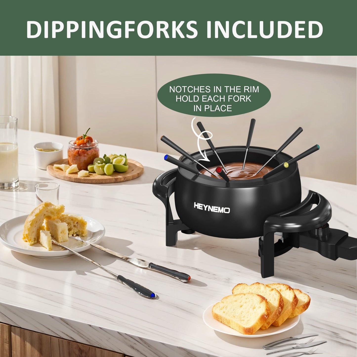 Sunvivi 3 QT Fondue Set, Electric Fondue Pot Set for Melting Chocolate & Cheese, 1000W Non-Stick Fondue Maker with Adjustable Temperature Control and 8 Color-Coded Forks, Ideal for Dessert & Broth