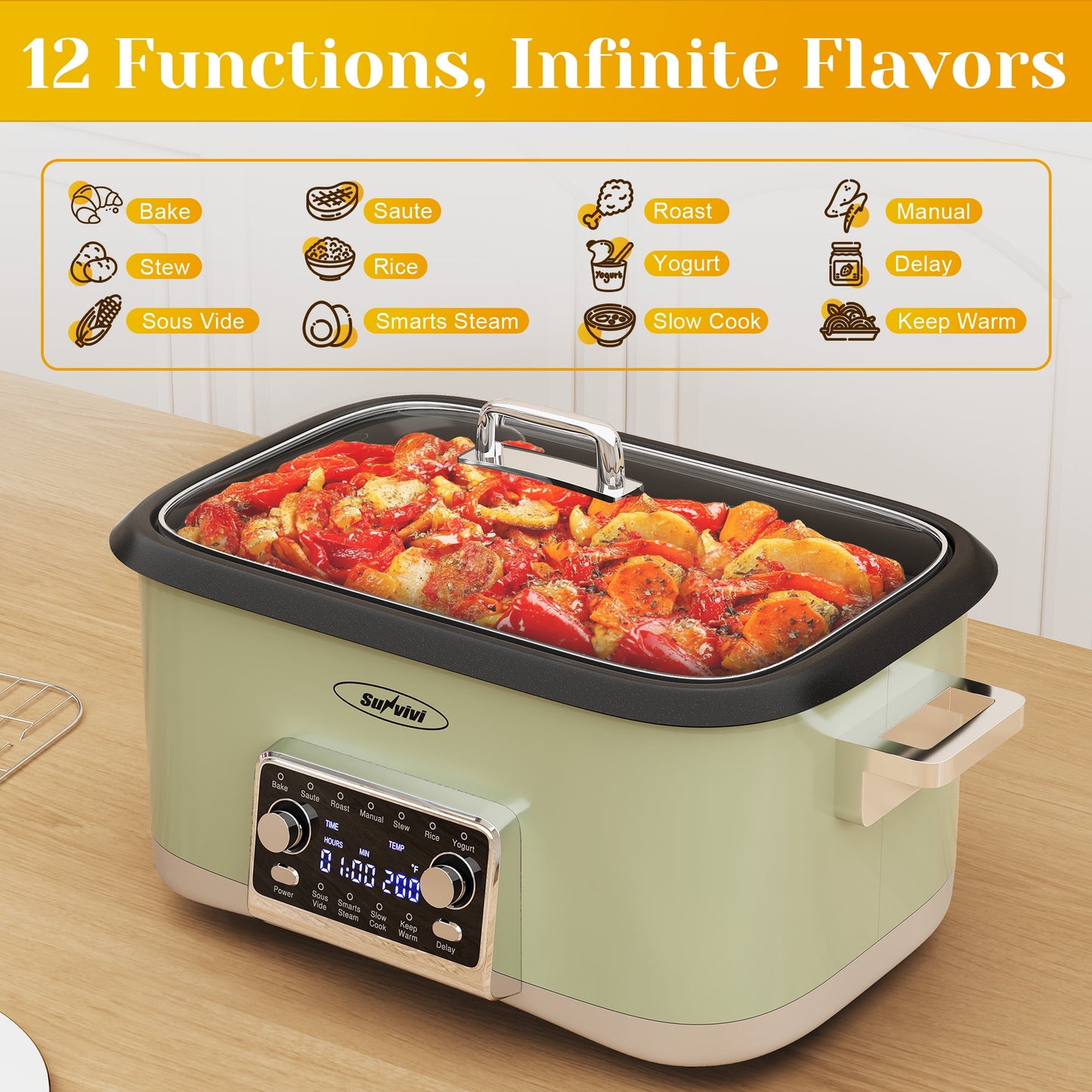 Heynemo 8QT 12-in-1 Programmable Slow Cooker, Multi-Cooker with Timer, Temperature Control, Removable Non-Stick Pot & Dishwasher-Safe Glass Lid, Green