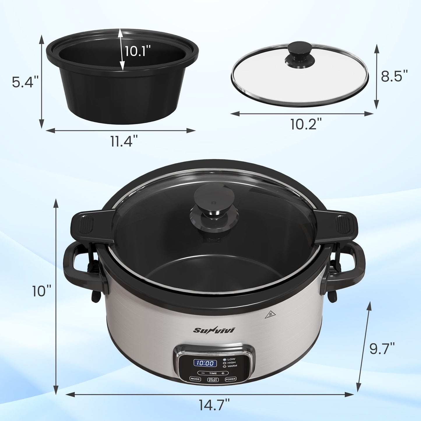 Sunvivi 4QT Programmable Slow Cooker with Locking Lid, Removable Ceramic Pot, 3 Heating Settings & Timer, Stainless Steel, Silver