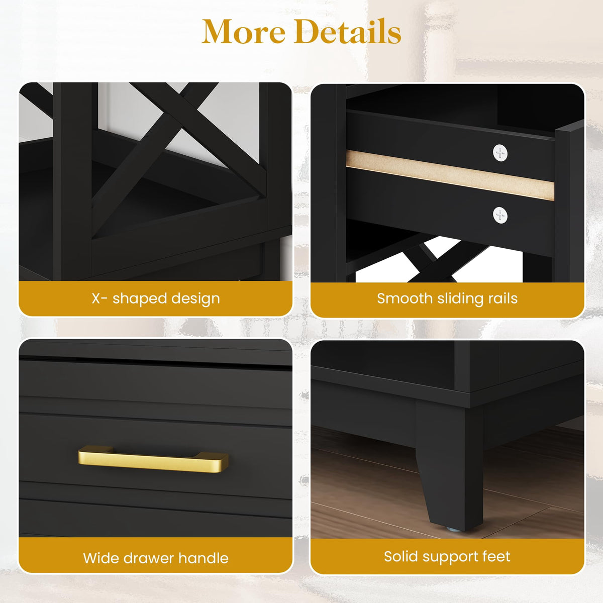 May in Color Tall Nightstand Set of 2, Side Table with 2 Drawers and Open Shelf Below, for Bedroom, Living Room, Home Office, Black
