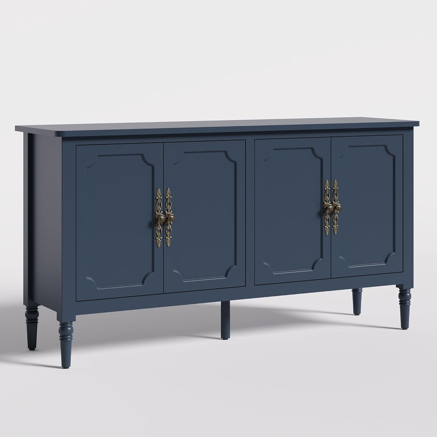 Superjoe Console Cabinet, 58'' Mid Century Modern Pantry Cabinet, Wood Buffet Cabinet, Media Cabinet with 4 Doors, Accent Cabinet for Entryway, Living Room, Bedroom, Dining Room (Blue)