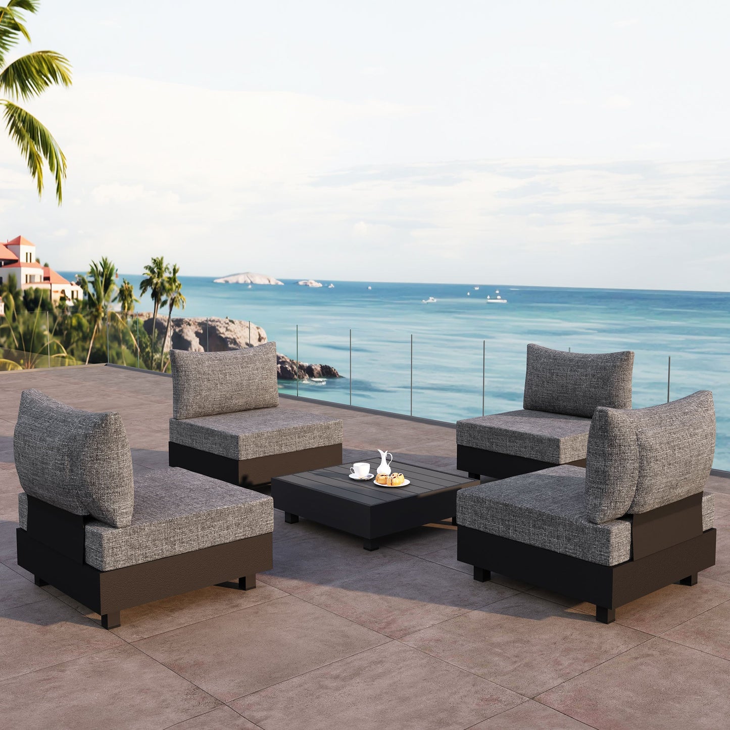 5 Pieces Aluminum Patio Furniture Set, Outdoor Sectional Sofa Conversation Sets with Coffee Table, Modular Armless Chairs Set for Pool Garden Balcony Porch, Grey