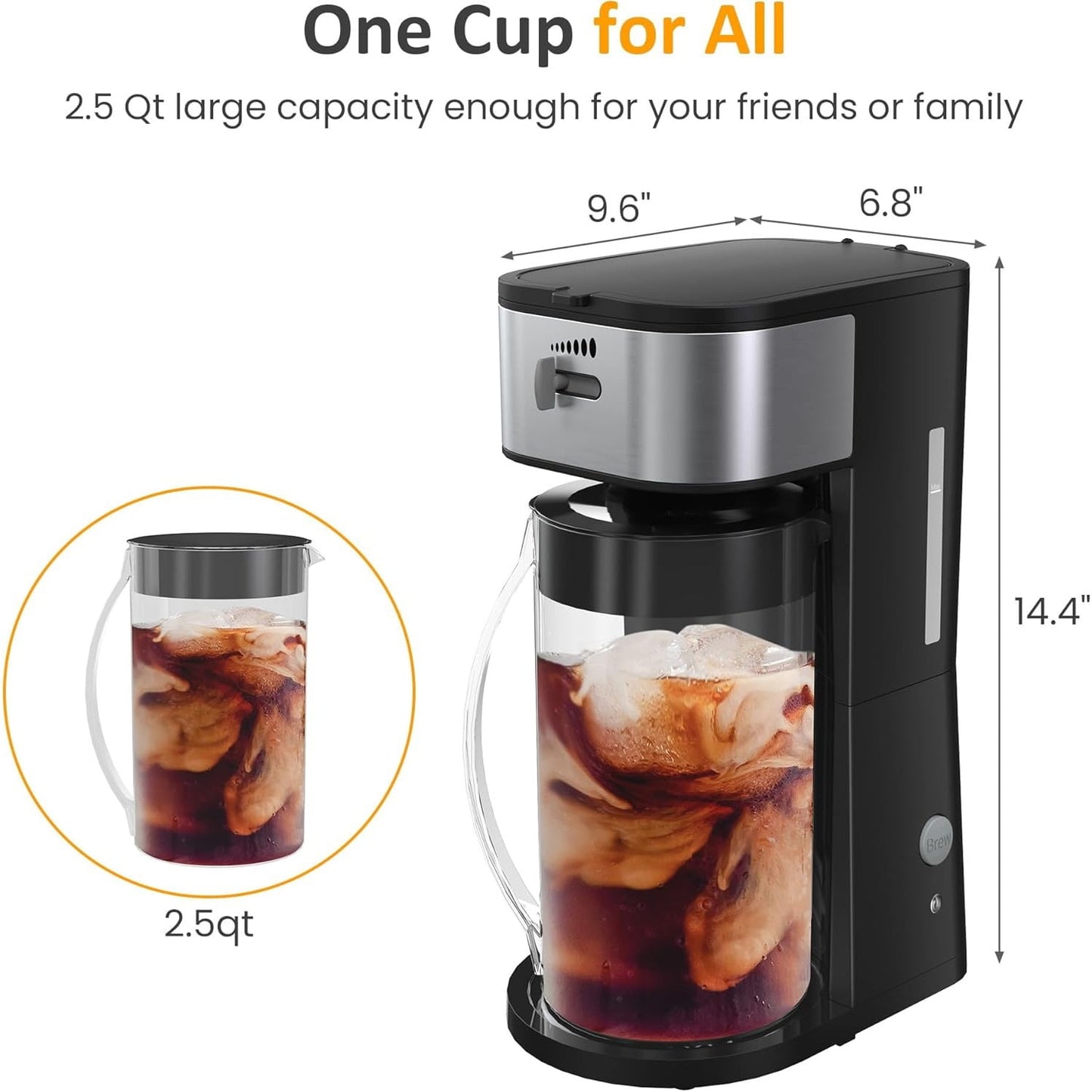 Superjoe Iced Coffee and Tea Maker with Reusable Filter Basket, 2.5QT Pitcher, Iced Tea Coffee Machine , Lemonade and Flavored Water, Adjustable Brew Strength, Black and Silver