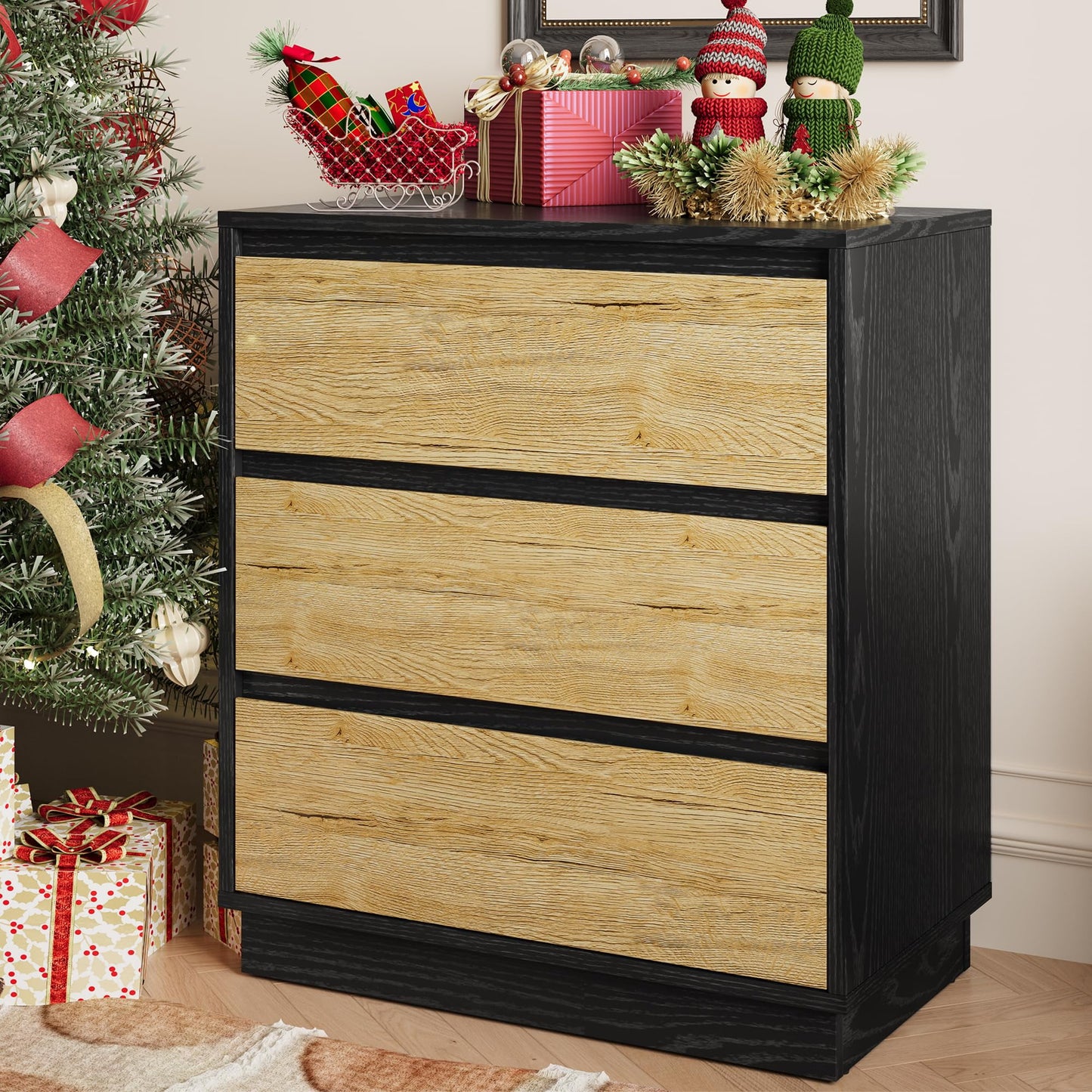 May in Color Wide Nightstand with 3 Drawers Set of 2, Black Large Nightstand for Bedroom, Home and Office, Black and Wood