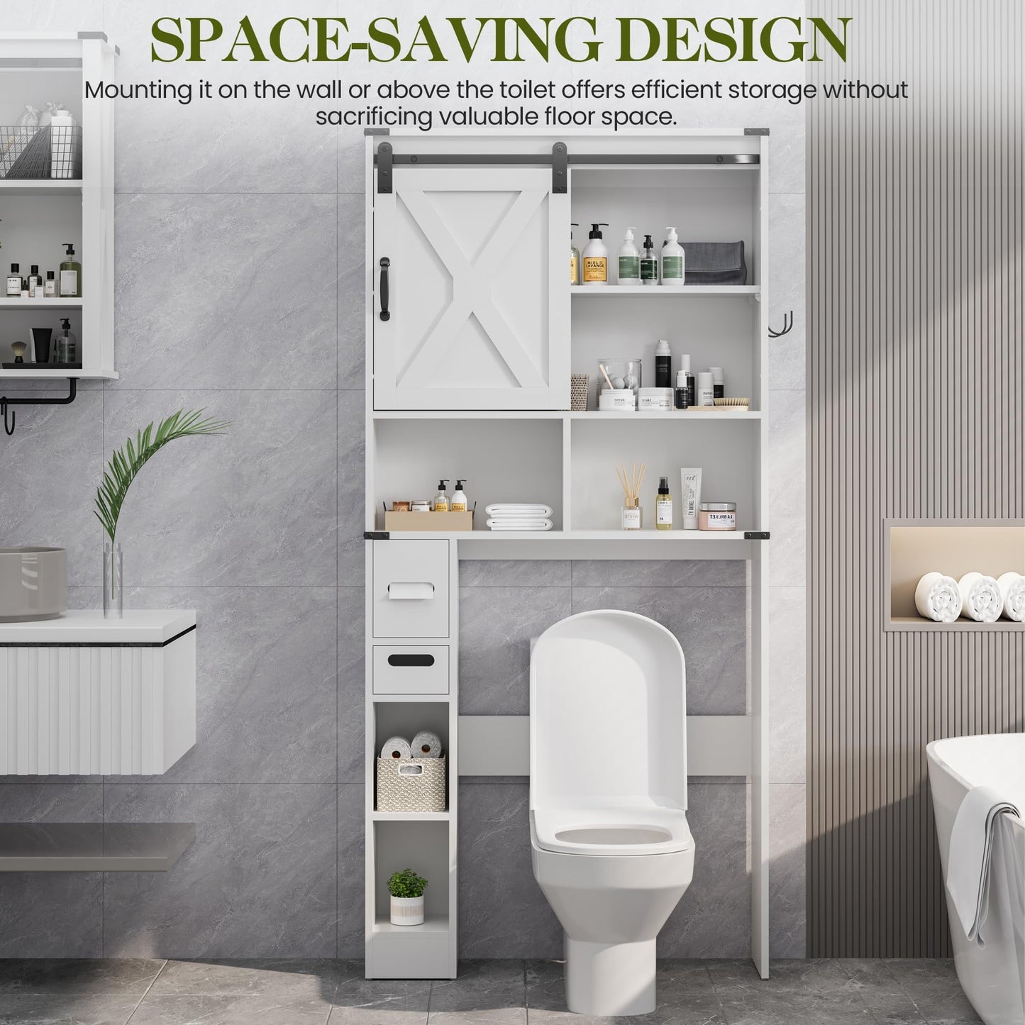 RoyalCraft Over The Toilet Storage Cabinet, Farmhouse Storage Cabinet Over Toilet with Sliding Barn Door, Home Space-Saving Toilet Rack, Behind Toilet Bathroom Organizer for Bathroom, White