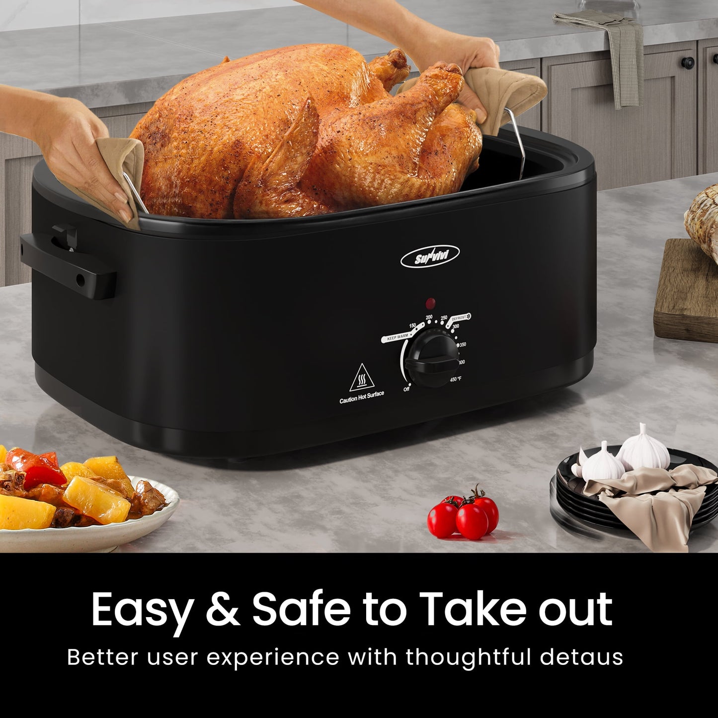 Sunvivi Roaster Oven with Self-Basting Lid, 20qt Electric Roaster with Removable Pan & Rack, Turkey Roaster Oven with Defrost & Warm Function, Stainless Steel, Black