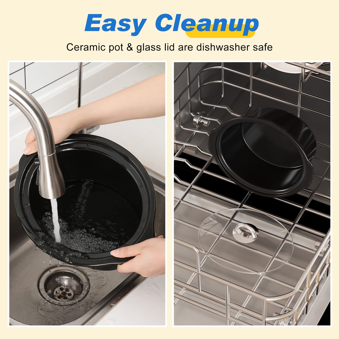 Heynemo 4 Quart Slow Cooker, Mini Food Warmer with Removable Ceramic Pot, 3 Heat Settings, Dishwasher Safe Lid, Stainless Steel, Blue-2