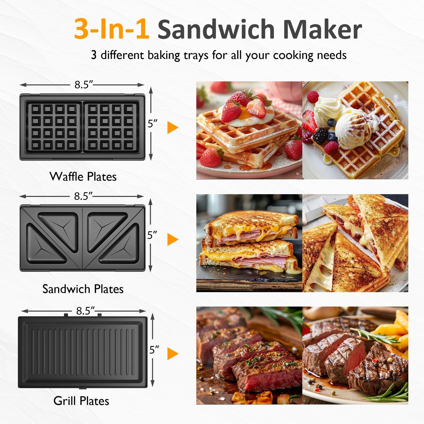 Heynemo Versatile 3-in-1 Waffle Maker & Panini Press, 1000W Electric Sandwich Maker with Removable Non-Stick Plates, Tempered Glass Lid, Cool Touch Handle & Easy Cleanup