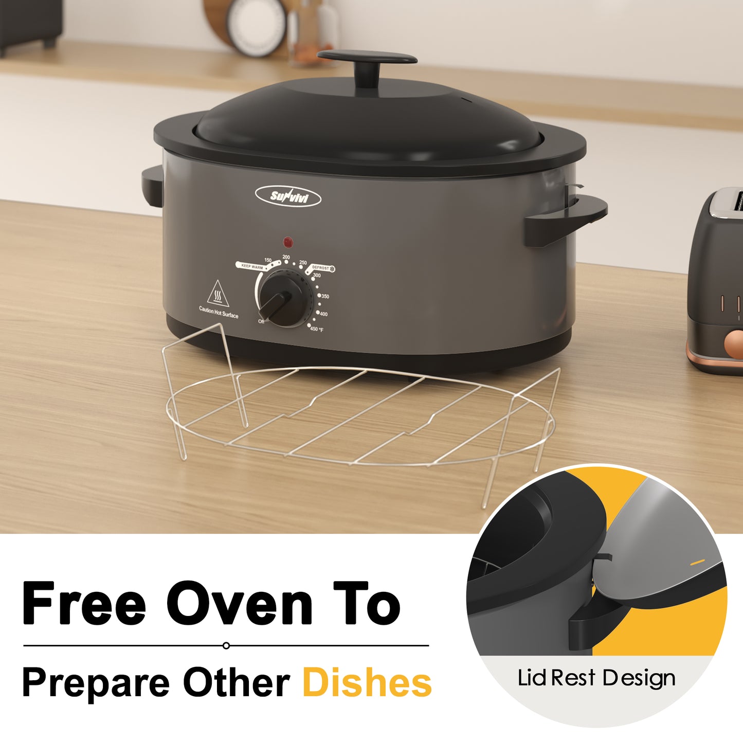 Sunvivi Roaster Oven with Self-Basting Lid, 8qt Electric Roaster with Removable Pan & Rack, Turkey Roaster Oven with Defrost & Warm Function, Stainless Steel, Grey