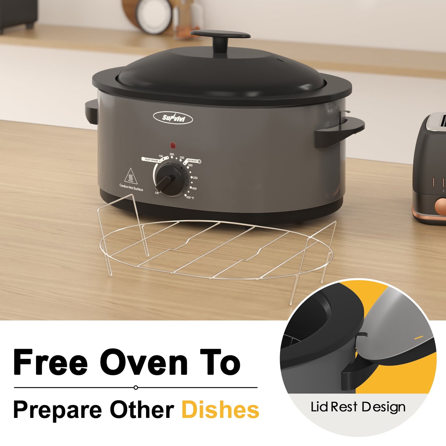 Heynemo Roaster Oven with Self-Basting Lid, 8qt Electric Roaster with Removable Pan & Rack, Turkey Roaster Oven with Defrost & Warm Function, Stainless Steel, Grey